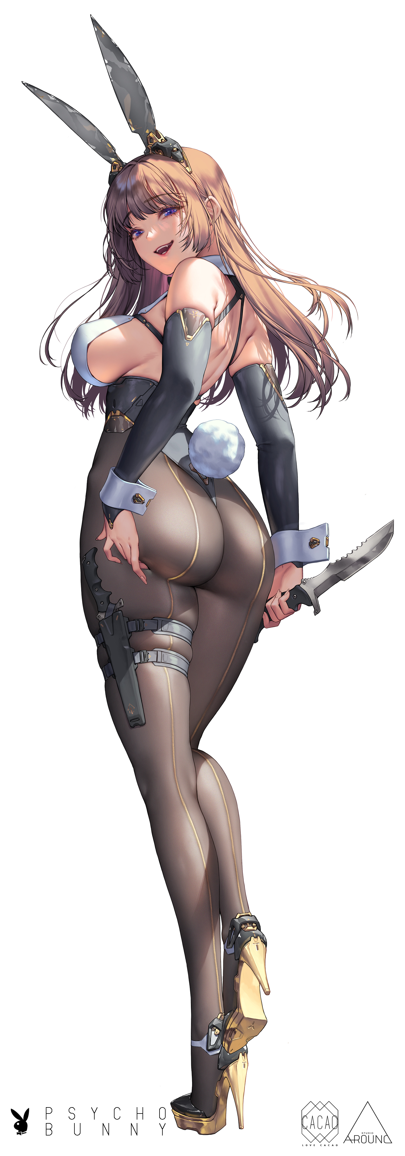 Anime 1404x4000 anime girls boobs bunny girl Lovecacao animal ears bunny suit knife Psycho Bunny portrait display bunny ears ass sideboob brunette blue eyes white background heels booty scoop bodysuit plugsuit thick ass high heels