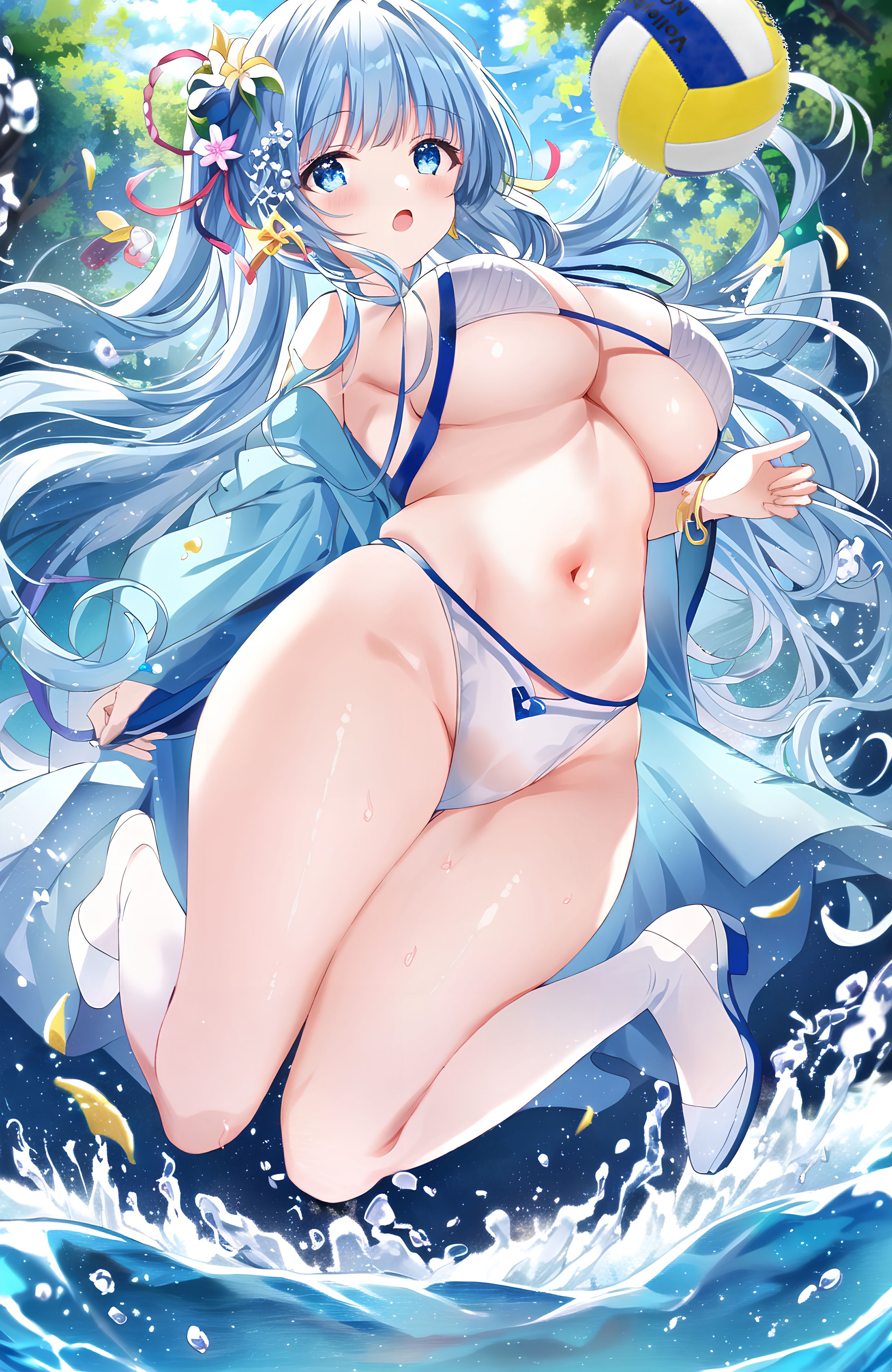 Anime 2600x4000 big boobs water bikini flower in hair belly petals thighs beach ball jumping underboob long hair blue hair blue eyes