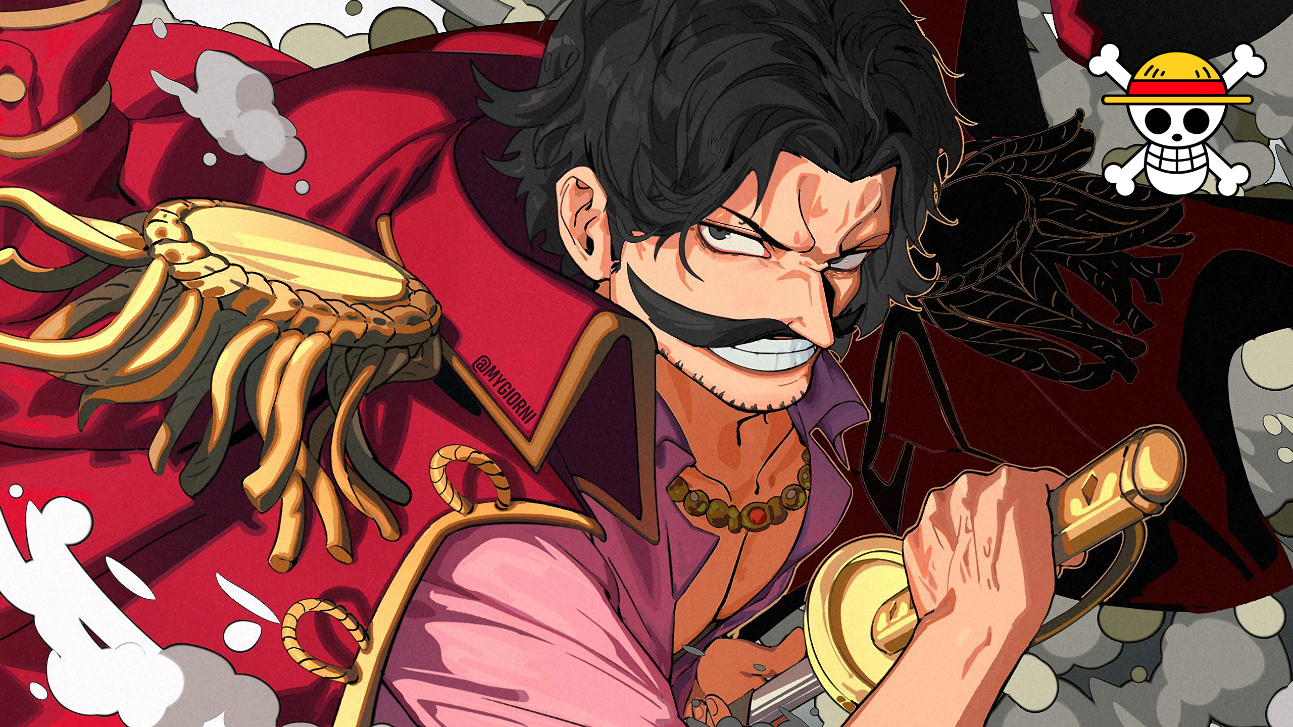 Anime 2560x1440 One Piece Gold D.Roger anime men moustache sword smiling watermarked