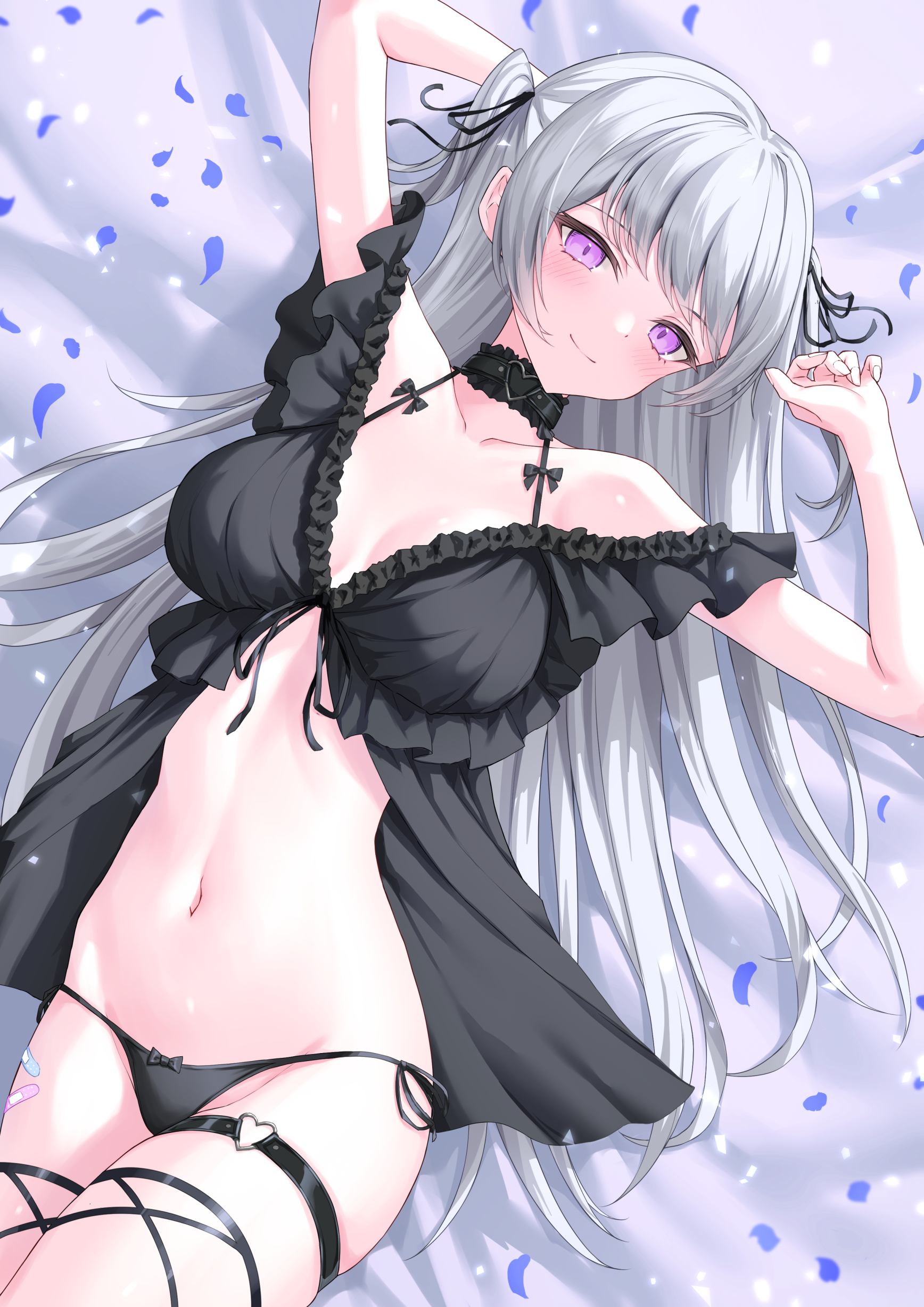 Anime 1736x2455 lis 111 2D anime girls portrait display lingerie petals purple eyes belly lying on back top view