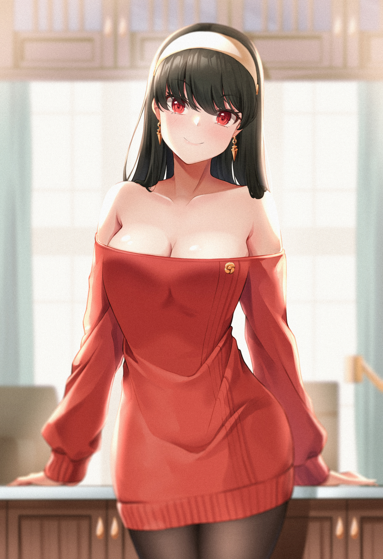 Anime 1242x1811 anime anime girls Spy x Family Yor Forger cleavage red eyes smiling black hair portrait display