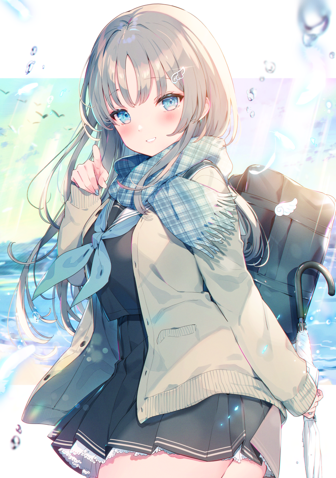 Anime 1174x1669 anime anime girls scarf backpacks umbrella schoolgirl school uniform portrait display blue eyes silver hair water drops