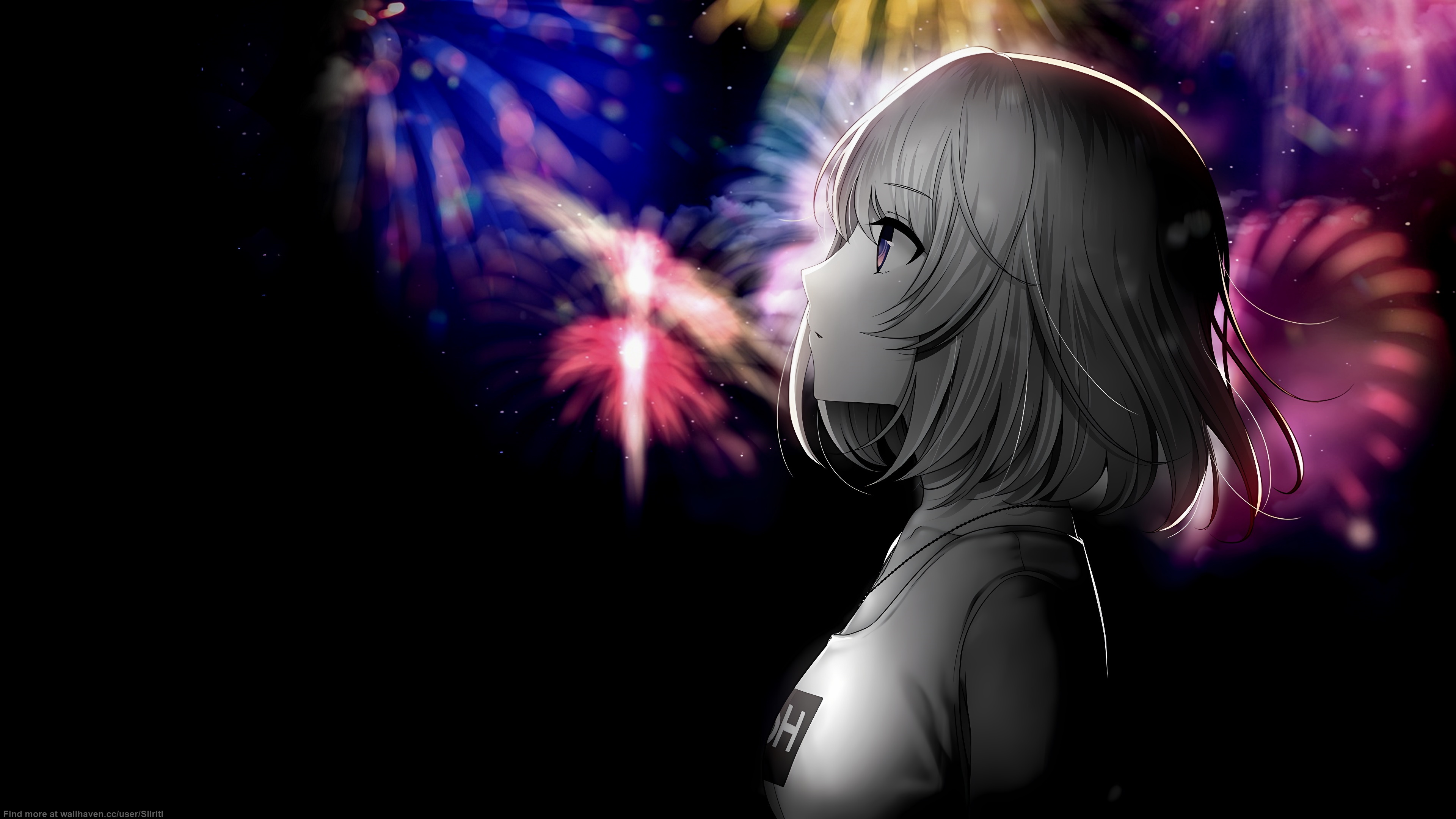 Anime 3840x2160 black background dark background simple background anime girls selective coloring fireworks