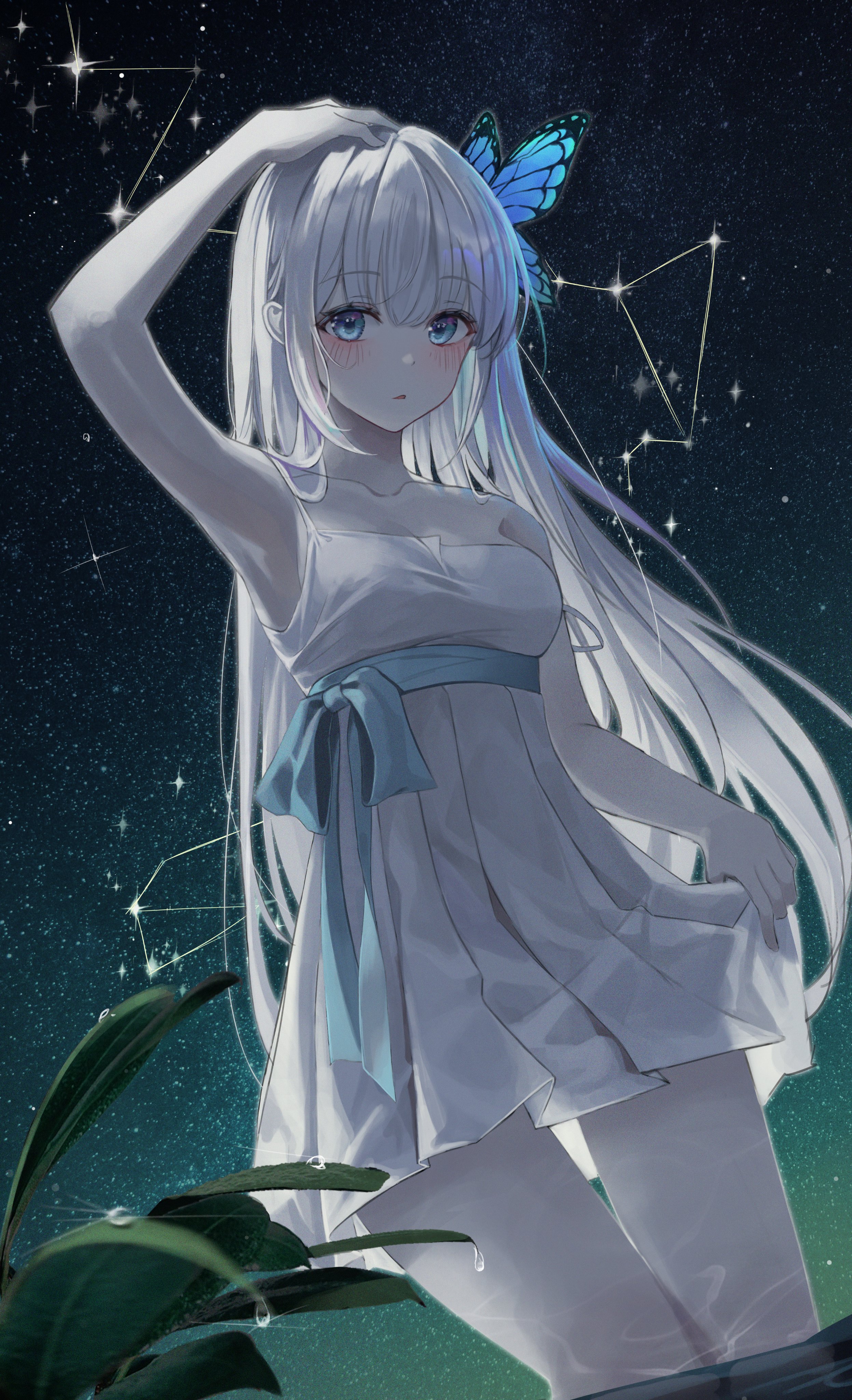 Anime 2494x4096 anime anime girls portrait display butterfly wings stars constellations leaves dress armpits low-angle