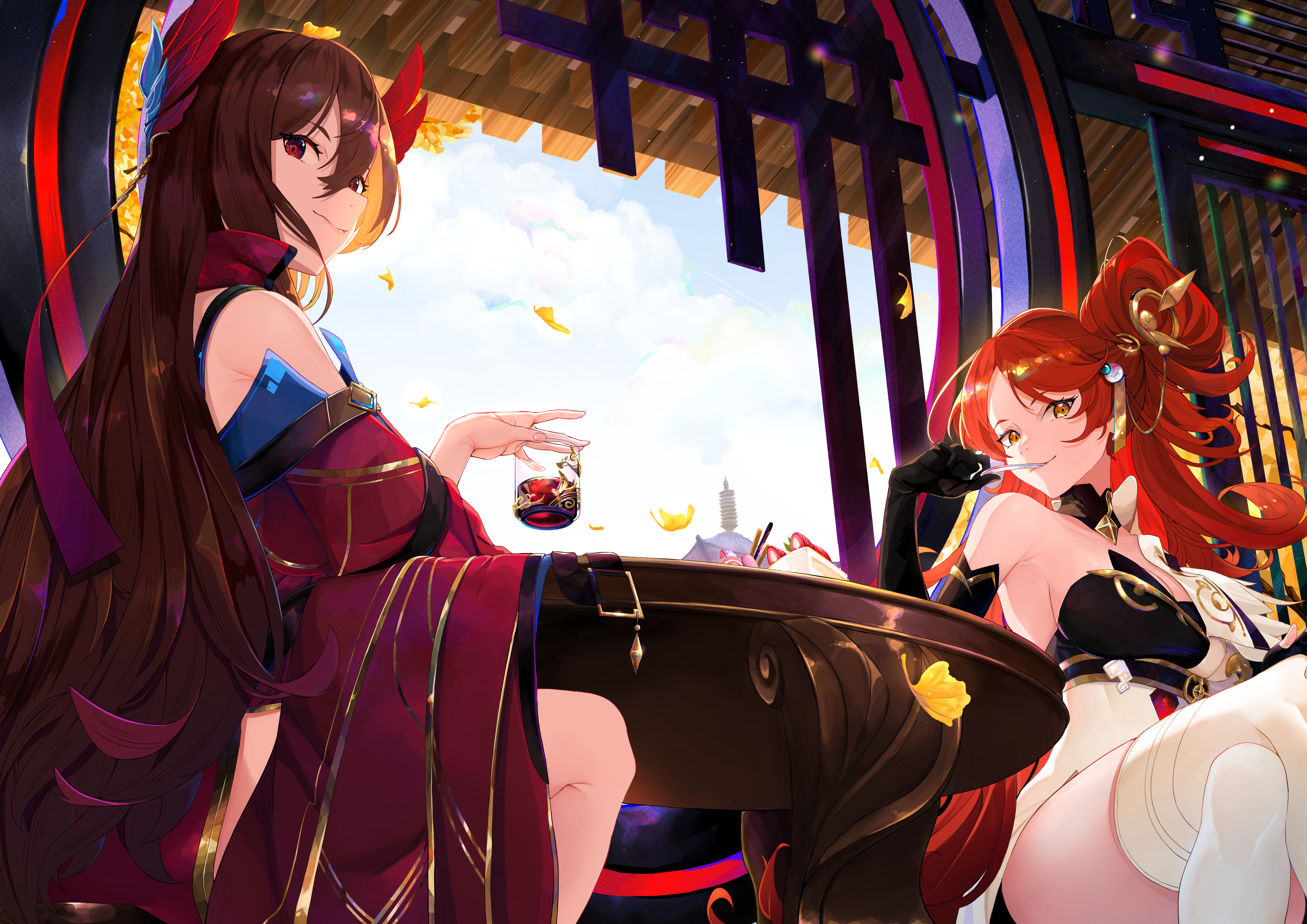 Anime 4093x2894 Echocalypse two women Firentia (Echocalypse) sky Shiyu (Echocalypse) gloves looking at viewer cleavage legs crossed looking back low-angle women indoors elbow gloves stockings white stockings smiling hair ornament leaves boobs closed mouth Agino black gloves clouds Gingko leaves sitting dress table hair between eyes thighs anime girls