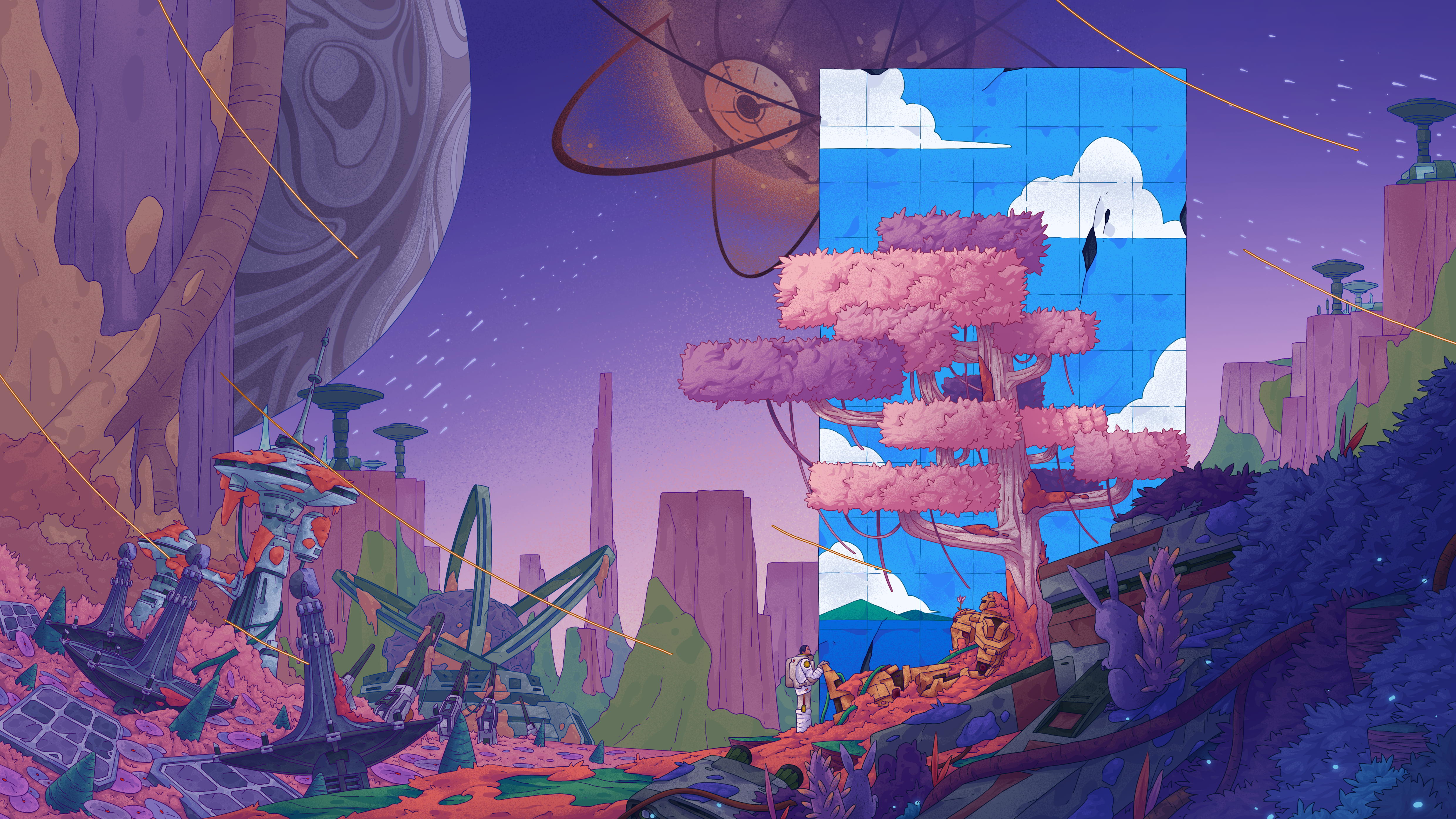General 4961x2790 digital art artwork illustration landscape futuristic fantasy art trees ruins planet robot sky