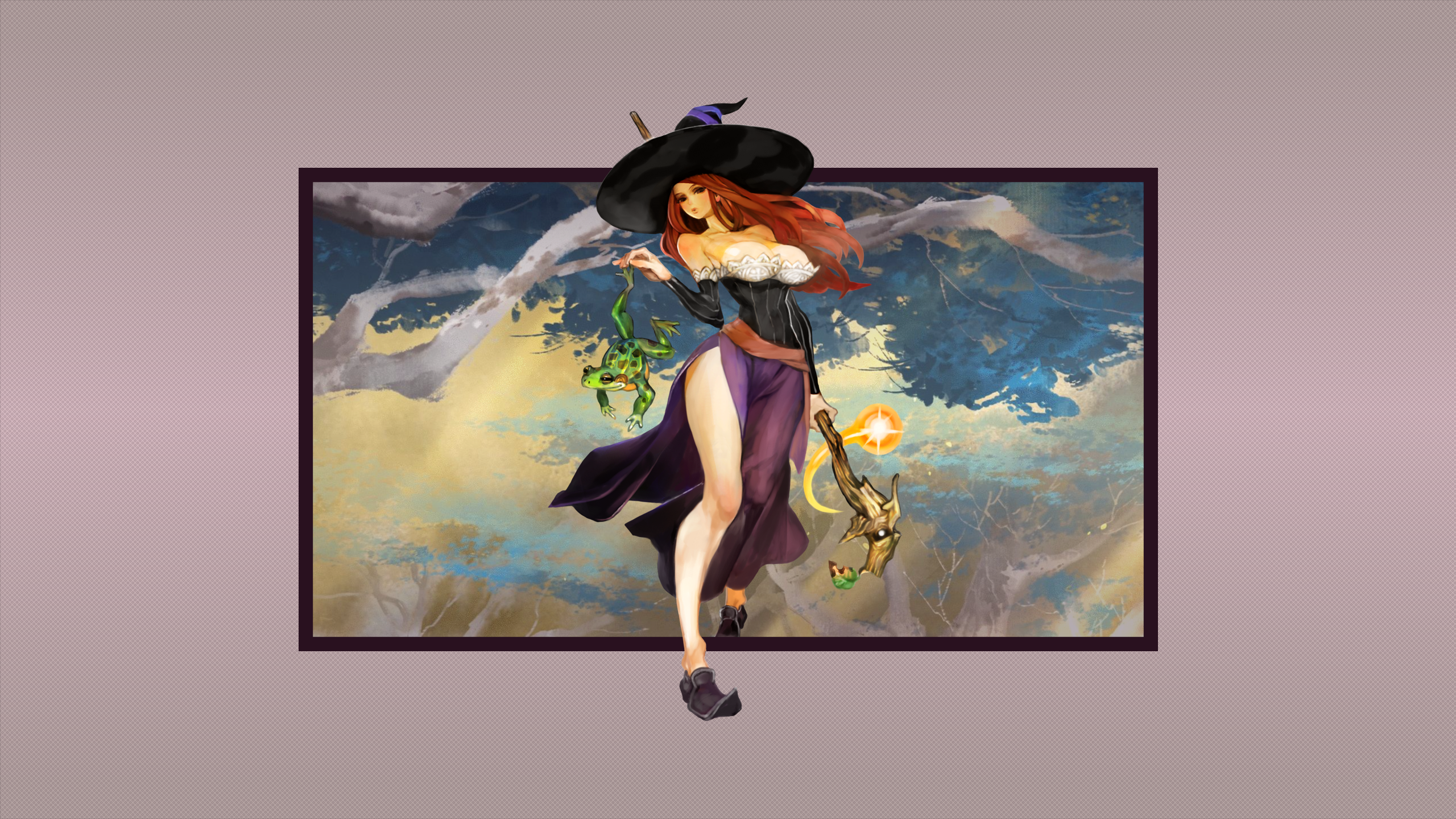 Anime 2560x1440 video game girls video game characters Sorceress (Dragon's Crown) sorceress witch hat witch dress corset black corset cleavage boobs big boobs shoes thighs thighs together staff magic hat forest simple background frog redhead frame Capcom long hair anime girls video games Dragon's Crown skinny