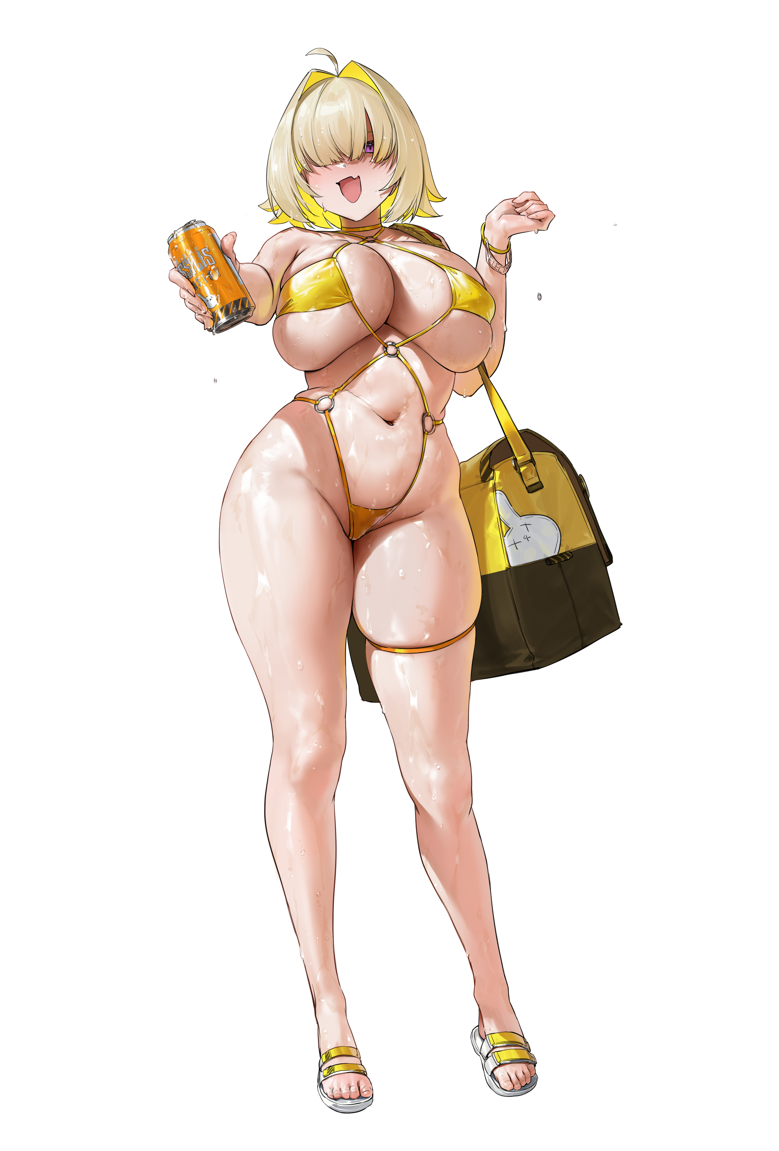 Anime 2480x3663 Nikke: The Goddess of Victory Elegg (Nikke) cleavage huge breasts Chochomi simple background bangs white background smiling hair over eyes standing wet body skindentation thigh strap arms reaching bracelets open mouth looking at viewer wet anime girls chubby short hair purple eyes blonde bikini ahoge gold bikini bag thighs portrait display