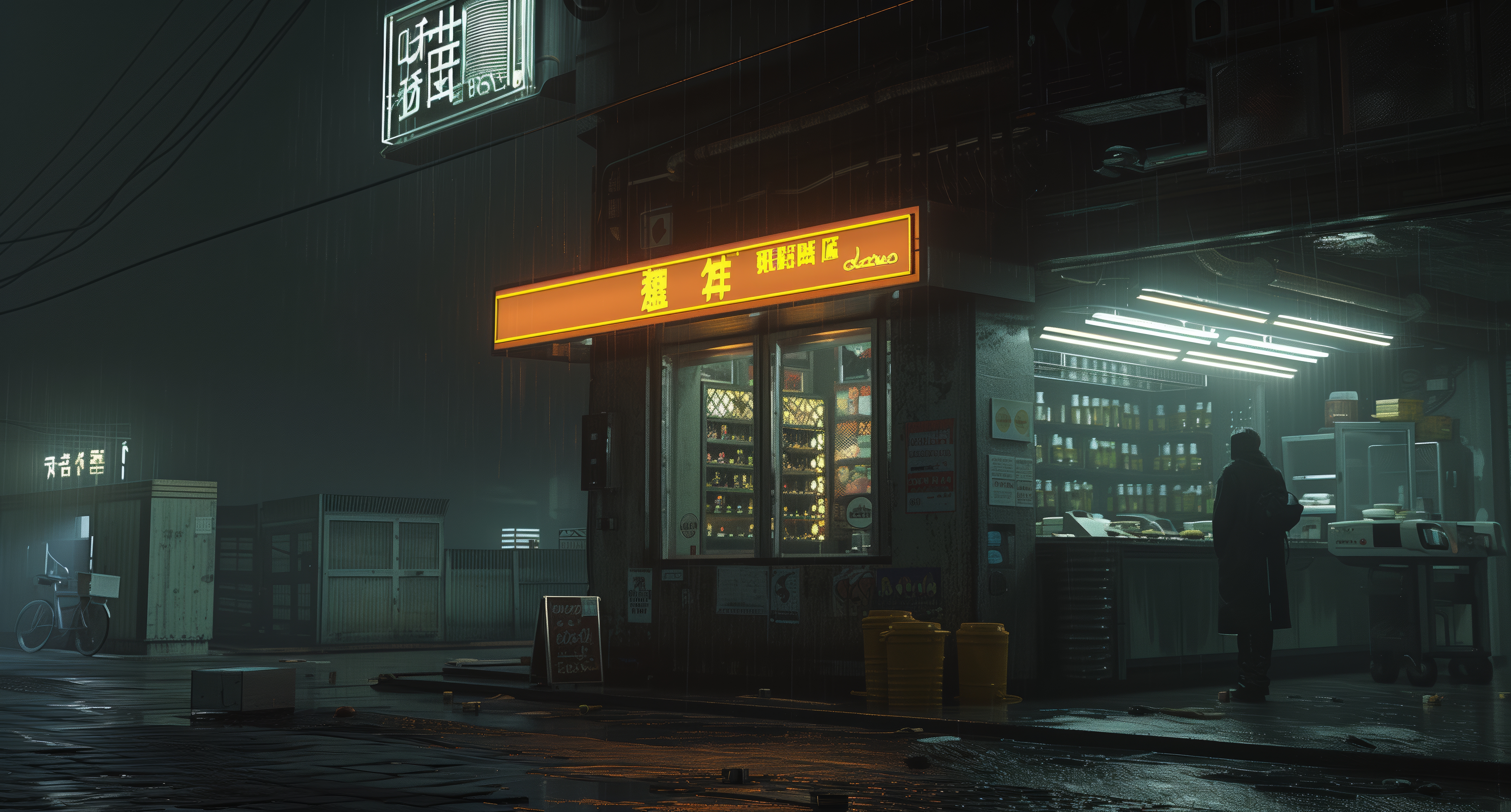 General 5952x3200 AI art illustration cyberpunk city convenience store mist night dystopian kanji artificial lights signs store front wet bicycle sidewalks