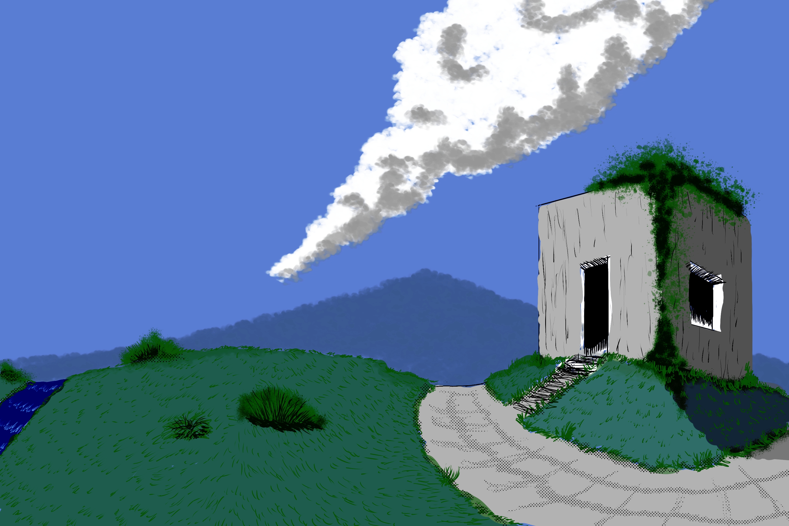 General 3000x2000 landscape house grass clouds clear sky road green mountains digital art