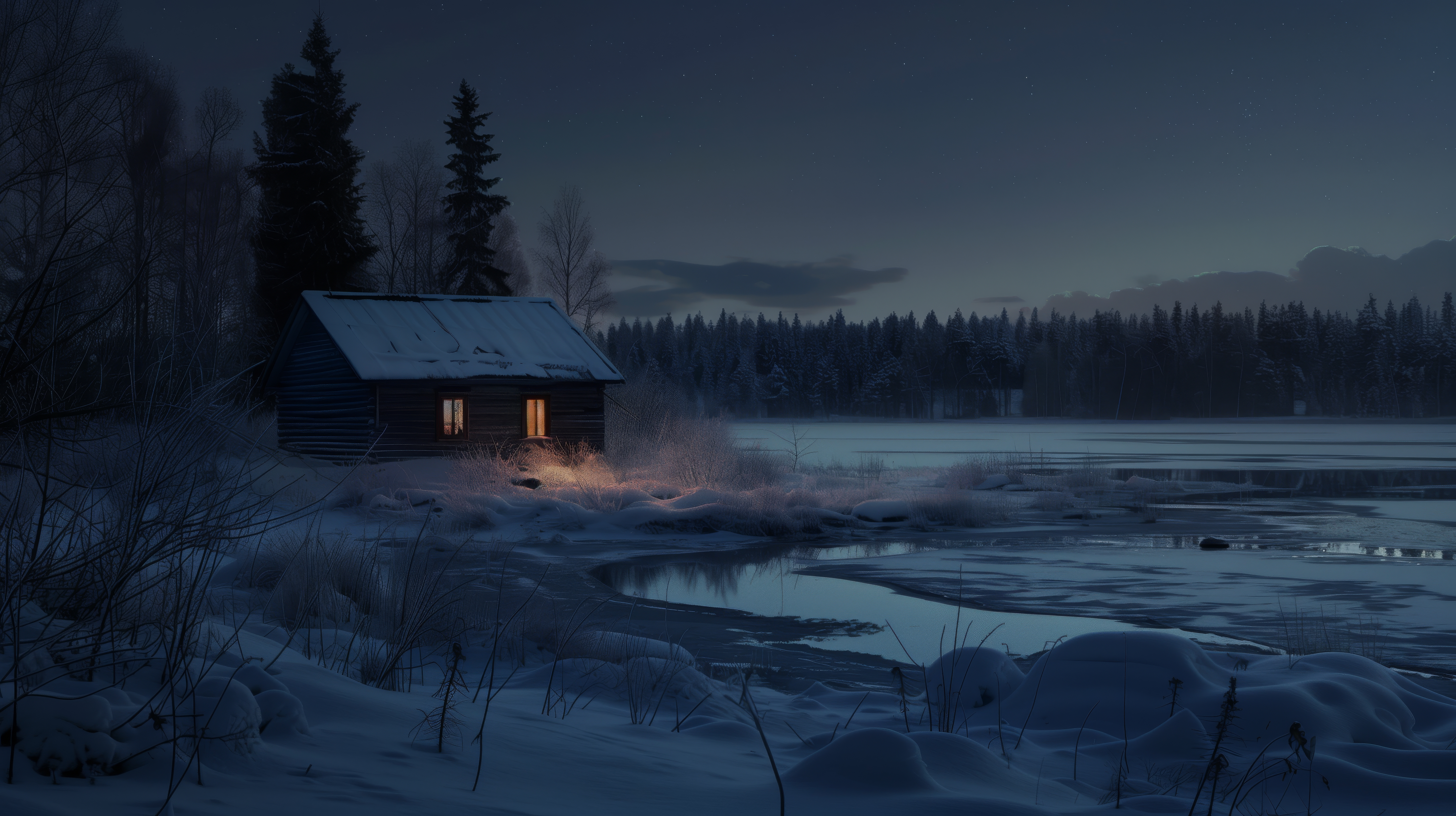 General 5824x3264 AI art illustration Scandinavia Sweden Finland winter snow night cottage lake trees