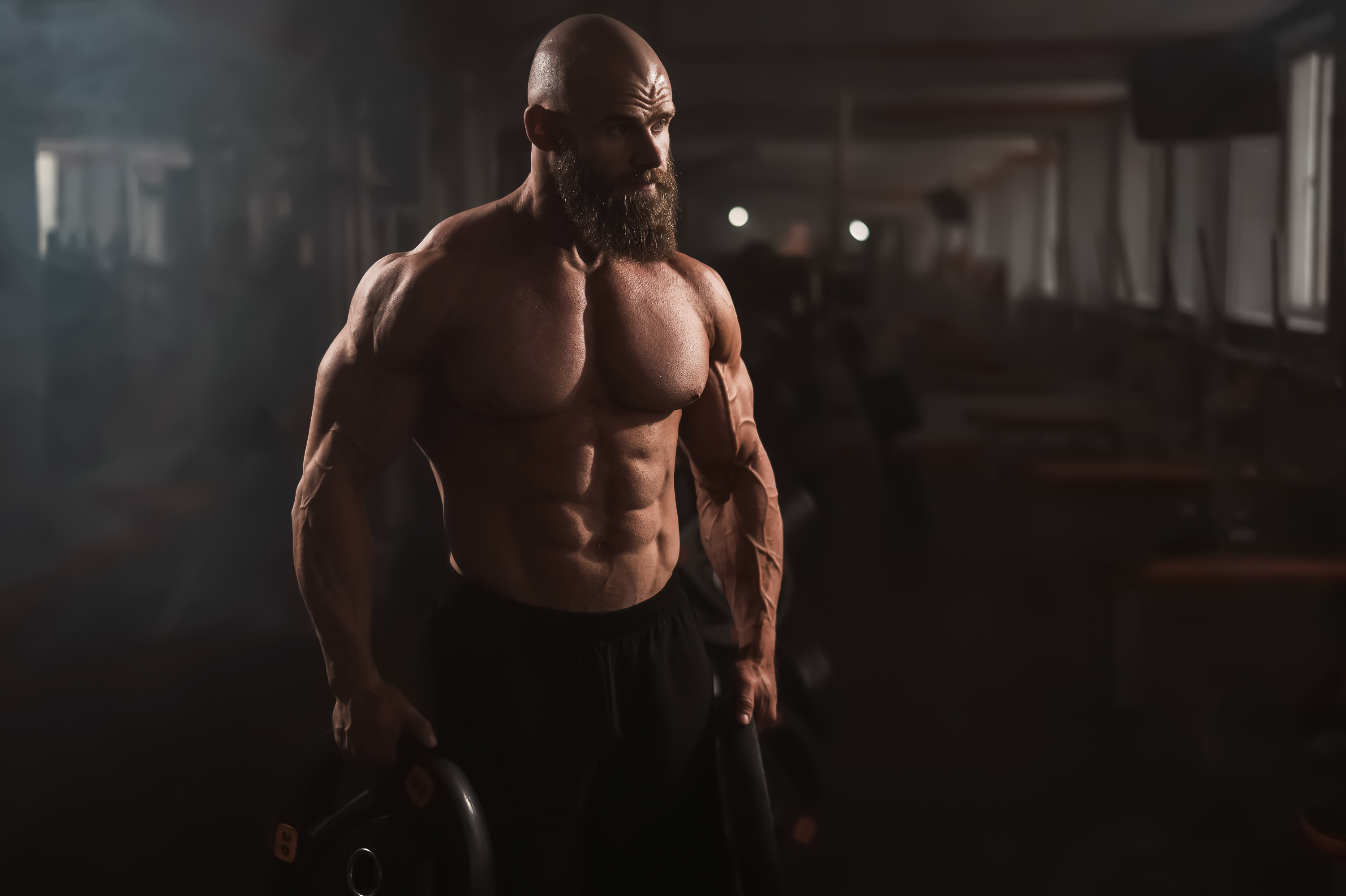 People 3005x2000 Mikhail Reshetnikov men beard muscular gyms looking away shirtless bald shaved head low light