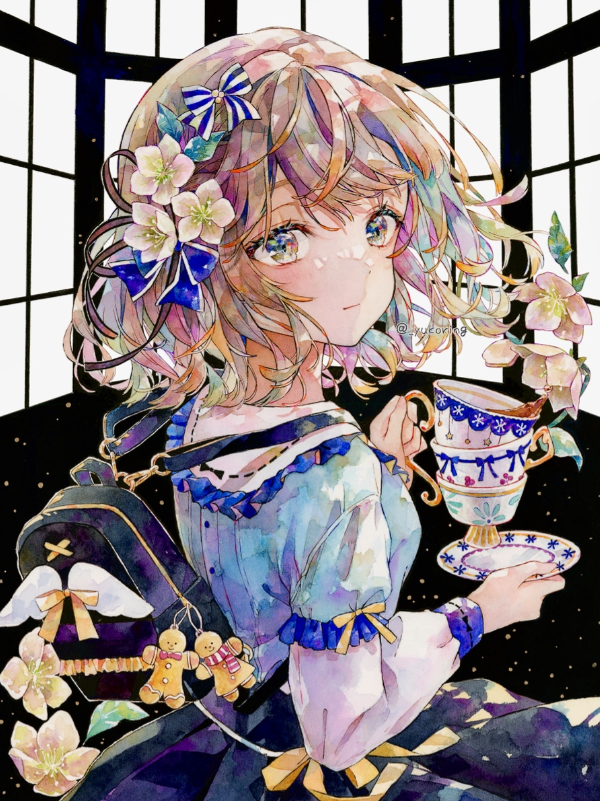 Anime 1198x1600 anime anime girls watercolor Yukoring watercolor style tea backpacks ribbon flowers short hair artwork hair ornament portrait display plates looking at viewer cup flower in hair dress multi-colored hair drink gingerbread man bow tie