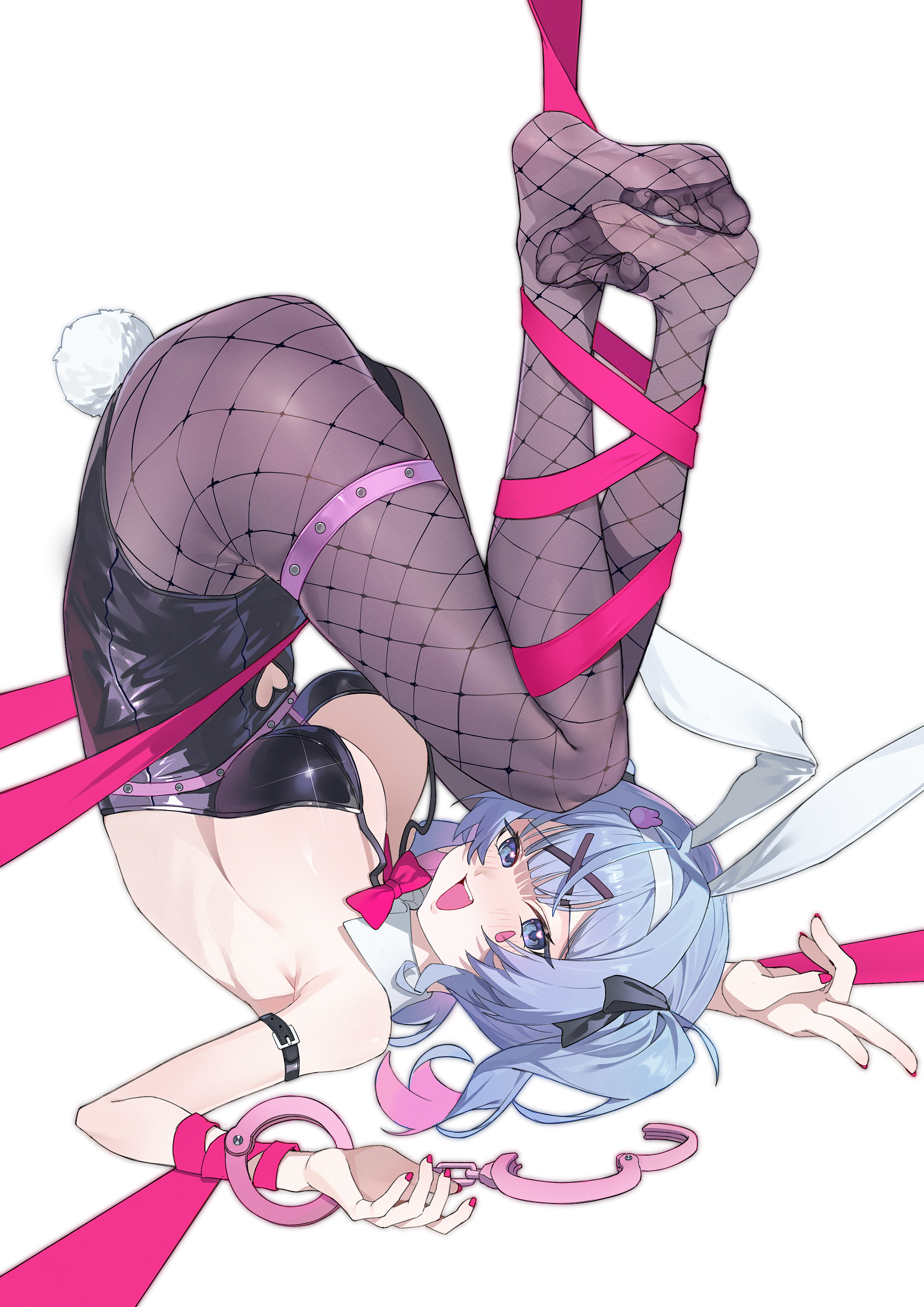 Anime 2480x3508 Vocaloid Hatsune Miku anime anime girls bunny suit bunny ears animal ears lushi jin up simple background ass white background smiling portrait display blue hair open mouth bunny tail bunny girl headband pink ribbon ribbon fishnet fishnet pantyhose thigh strap skindentation peace sign handcuffs foot sole bent legs red nails painted nails big boobs sideboob leotard black leotard