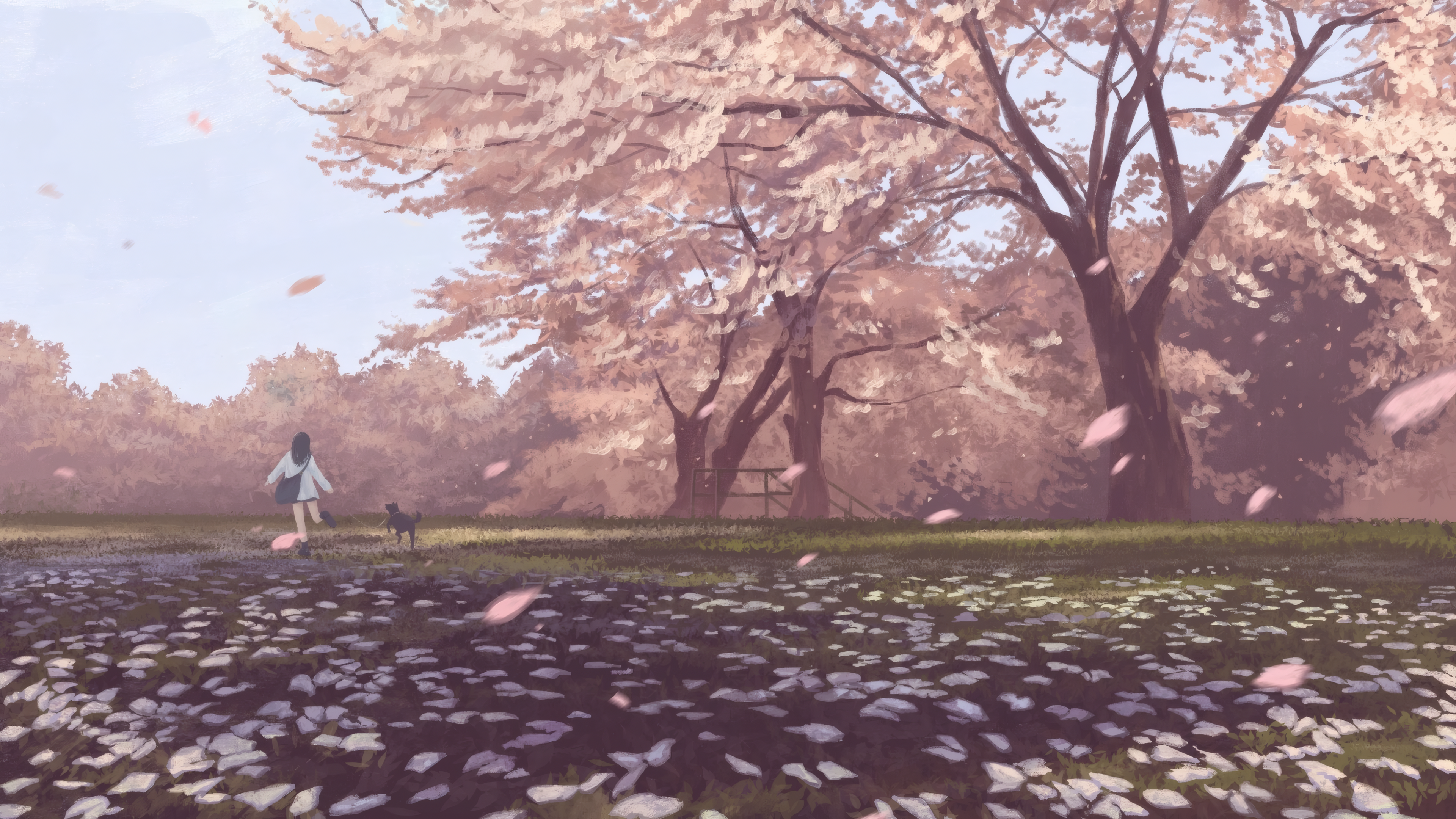 General 3840x2160 genskc dog trees forest clearing digital art artwork cherry trees cherry blossom