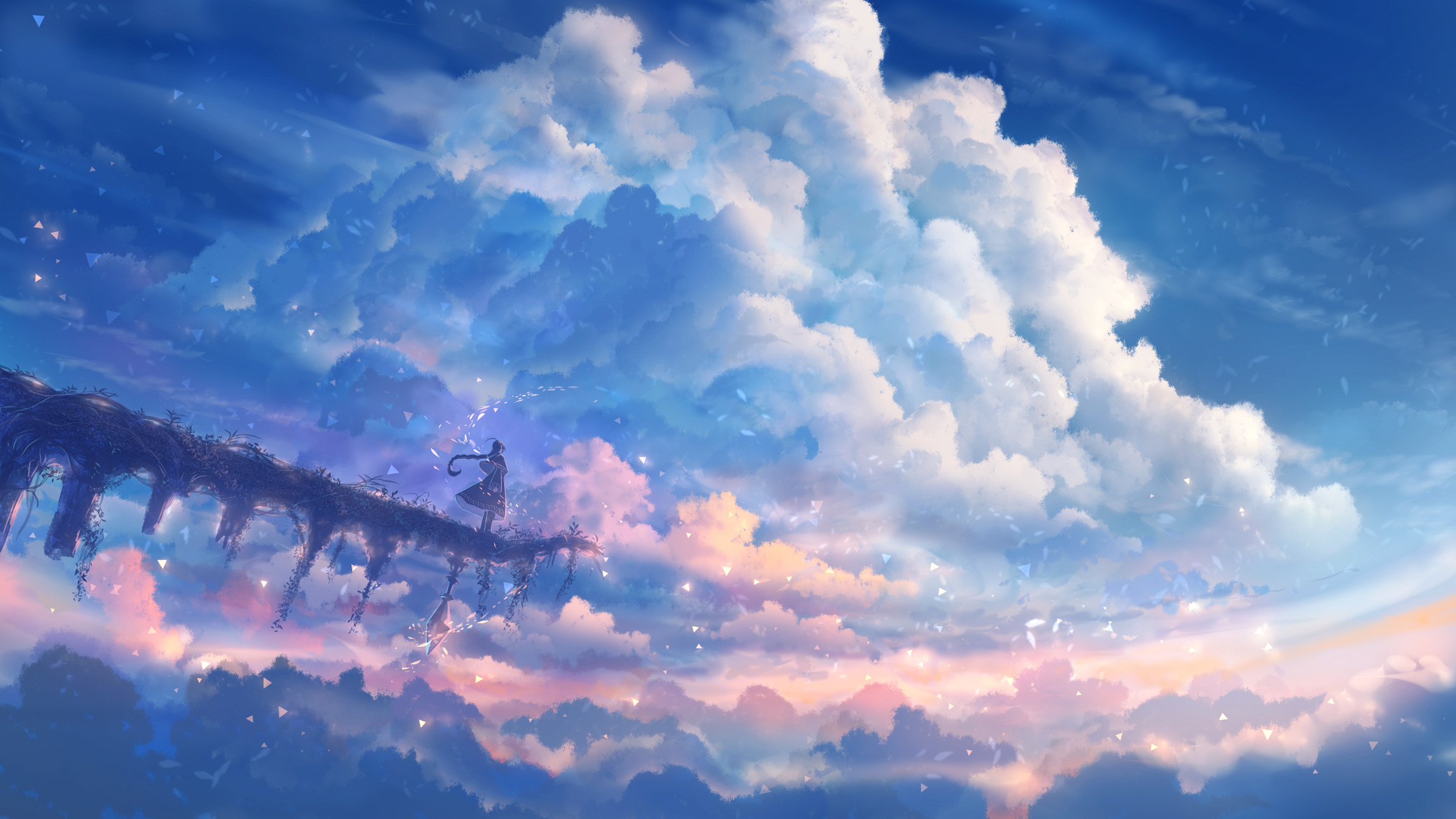 Anime 2300x1294 sky clouds Bou Nin floating particles dress braids women outdoors ponytail polychromatic