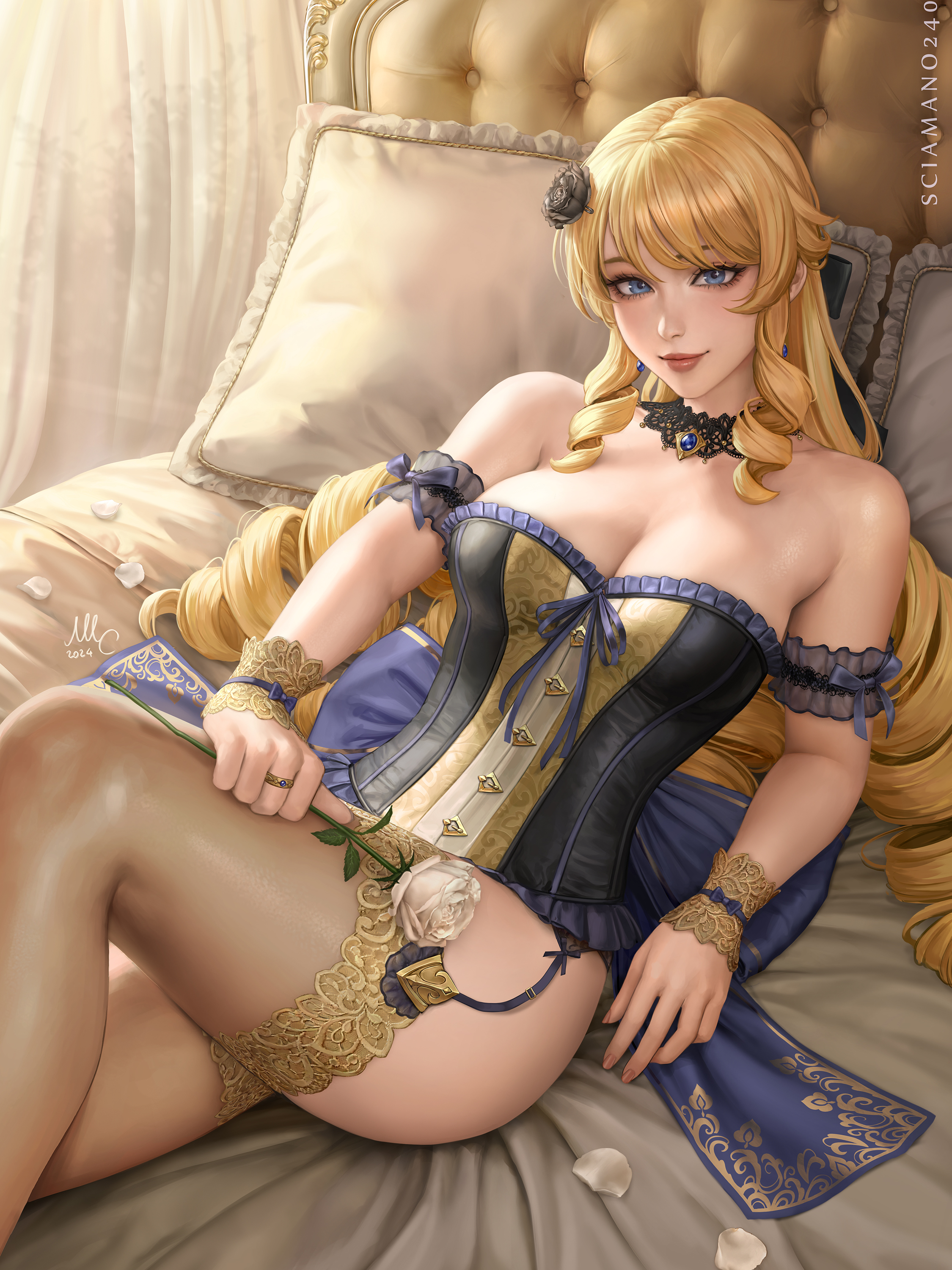 General 2250x3000 Mirco Cabbia digital art artwork illustration fan art video game girls Navia (Genshin Impact) women blonde curly hair long hair lying down corset necklace blue eyes rose stockings indoors bed looking at viewer signature watermarked red lipstick smiling sunlight portrait display in bed lying on back drill hair closed mouth juicy lips cleavage garter straps Genshin Impact pillow flower in hair thighs 2024 (year)