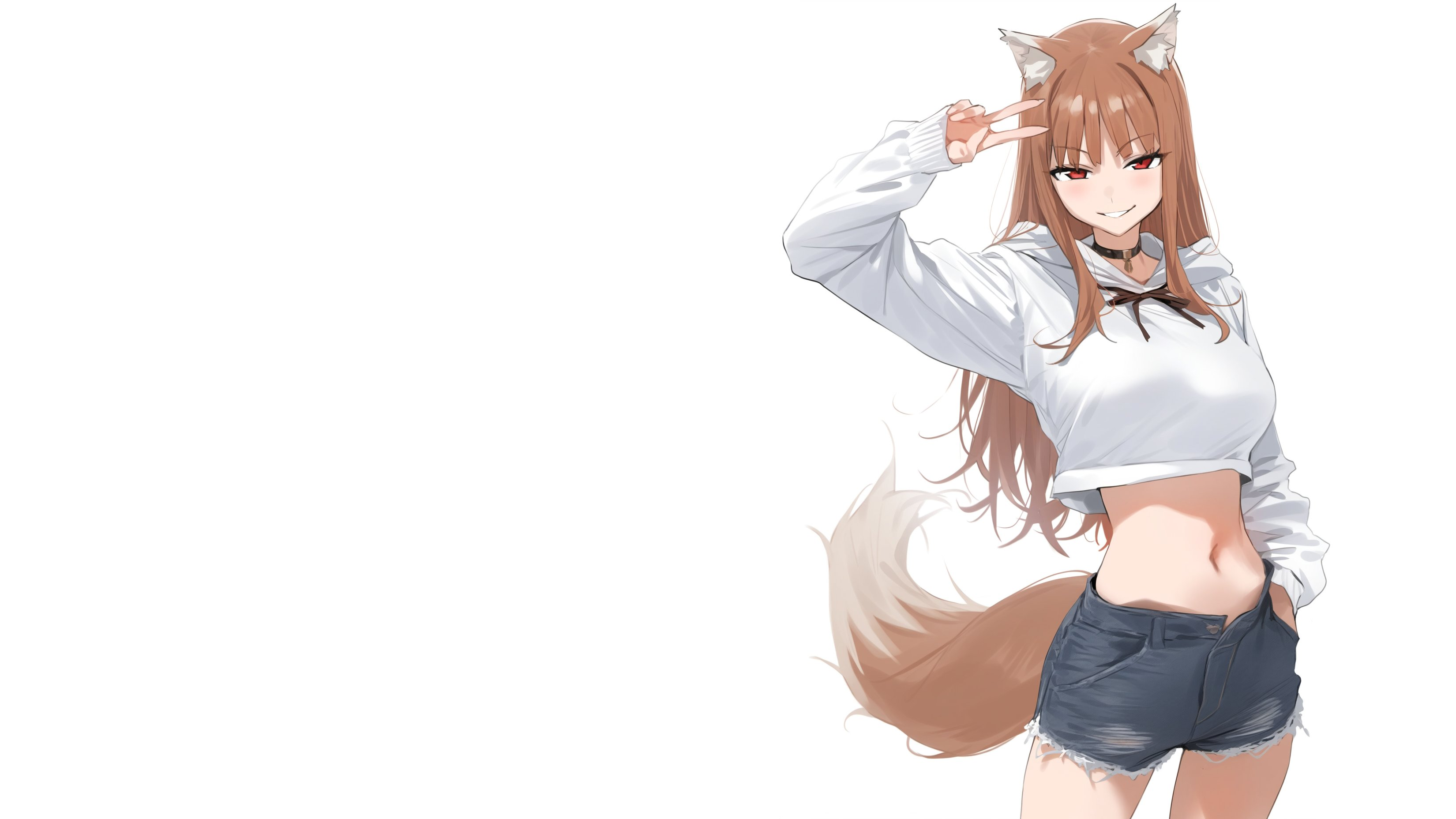 Anime 3300x1856 Holo (Spice and Wolf) Spice and Wolf bare midriff white background smiling simple background shorts wolf girls hands in pockets long hair looking at viewer long sleeves peace sign anime girls red eyes choker jean shorts hoods parted lips standing