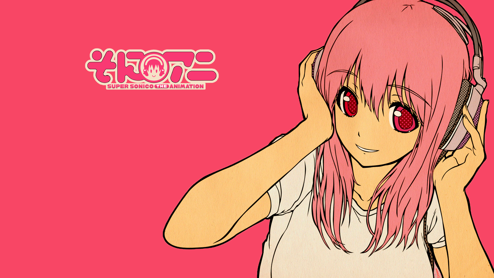 Anime 1920x1080 Super Sonico anime girls headphones digital art simple background pink hair