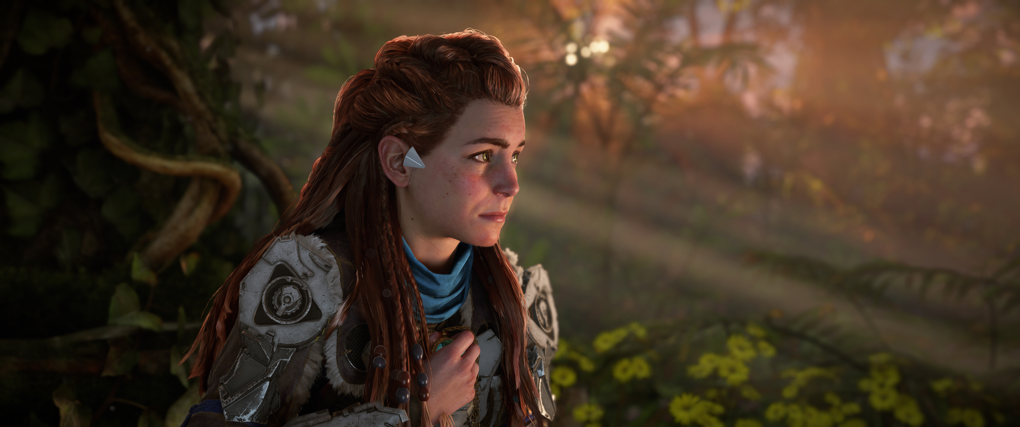 General 3440x1440 video games Horizon Forbidden West screen shot redhead PC gaming Aloy video game characters CGI video game girls sunlight video game art long hair plants looking away blurry background