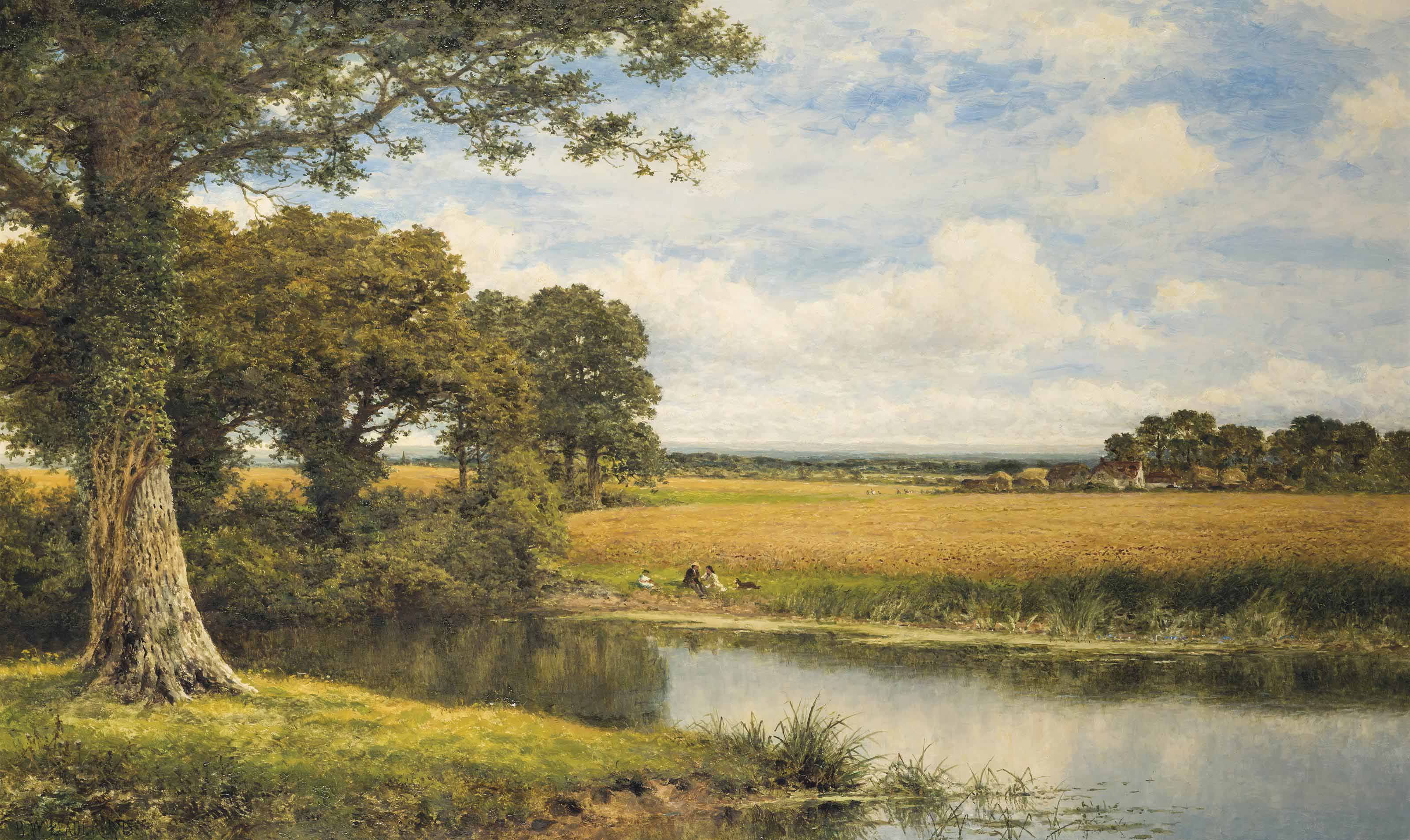 General 3200x1908 painting landscape nature countryside scene clouds sky trees reflection water men women dog couple