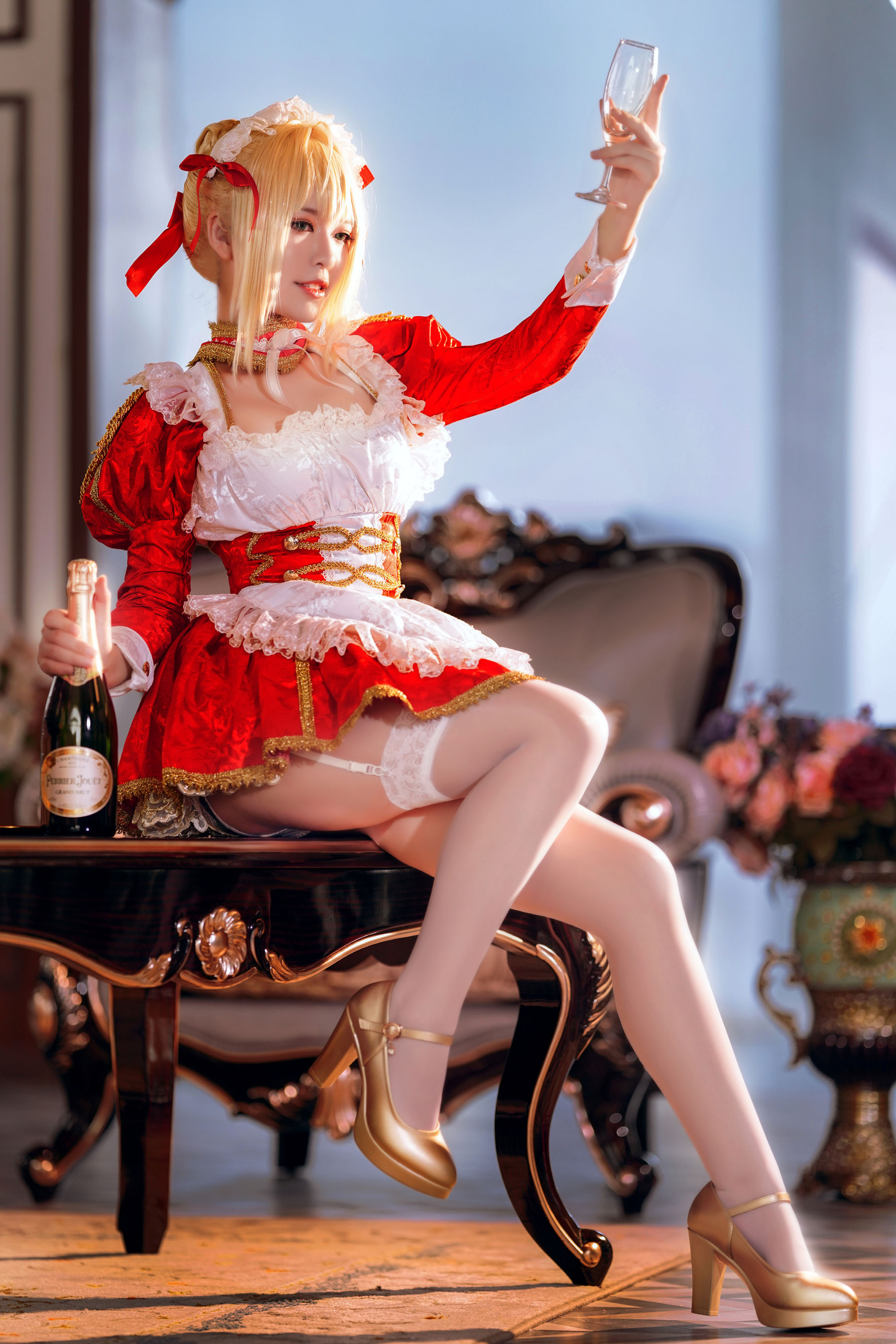 People 1800x2698 cosplay model maid Asian high heels stockings ban ban zi Fate series Saber portrait display anime girls short hair looking away anime glass bottle drinking glass