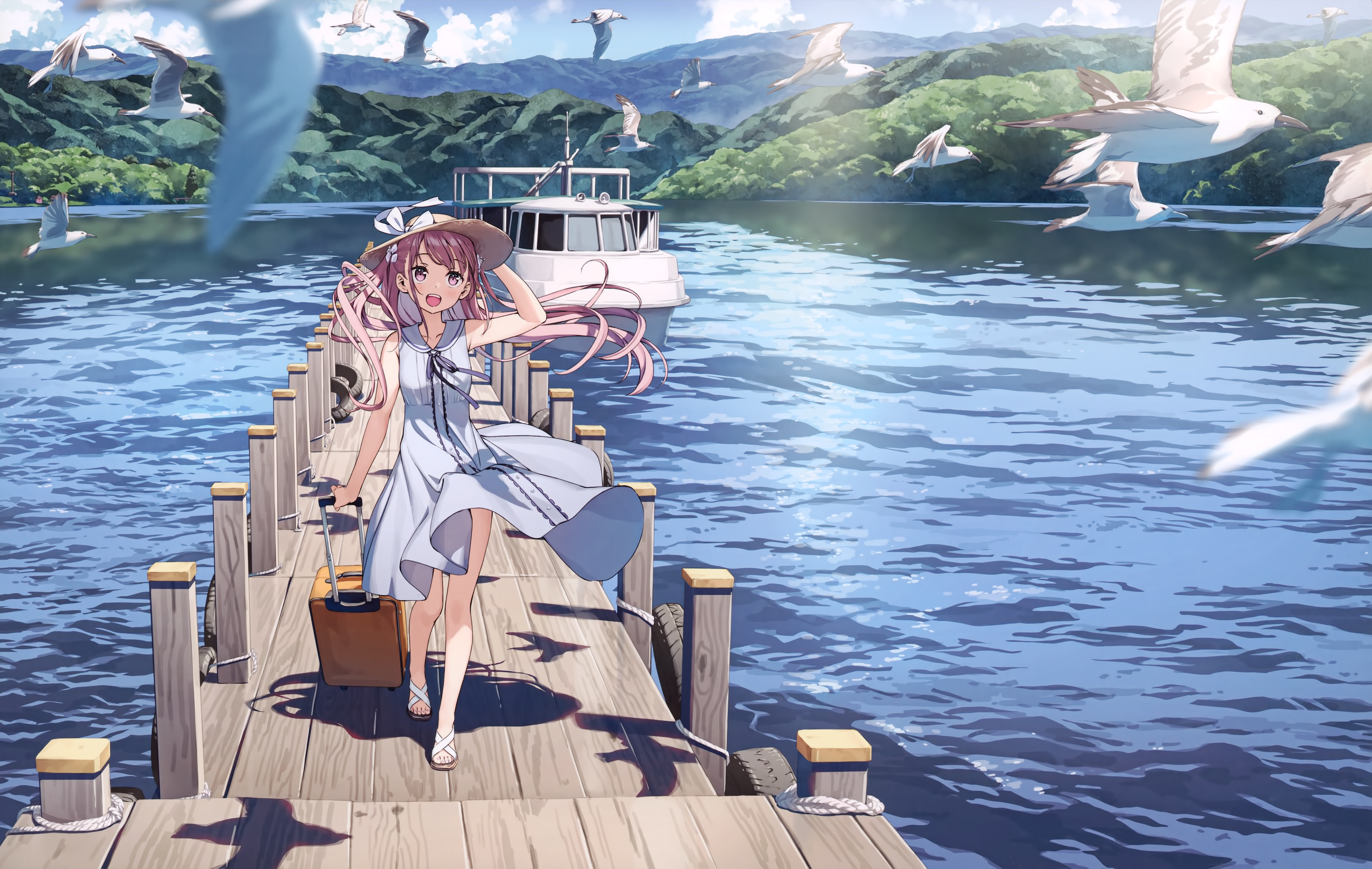 Anime 4969x3149 Kantoku anime girls Kurumi (Kantoku) boat seagulls