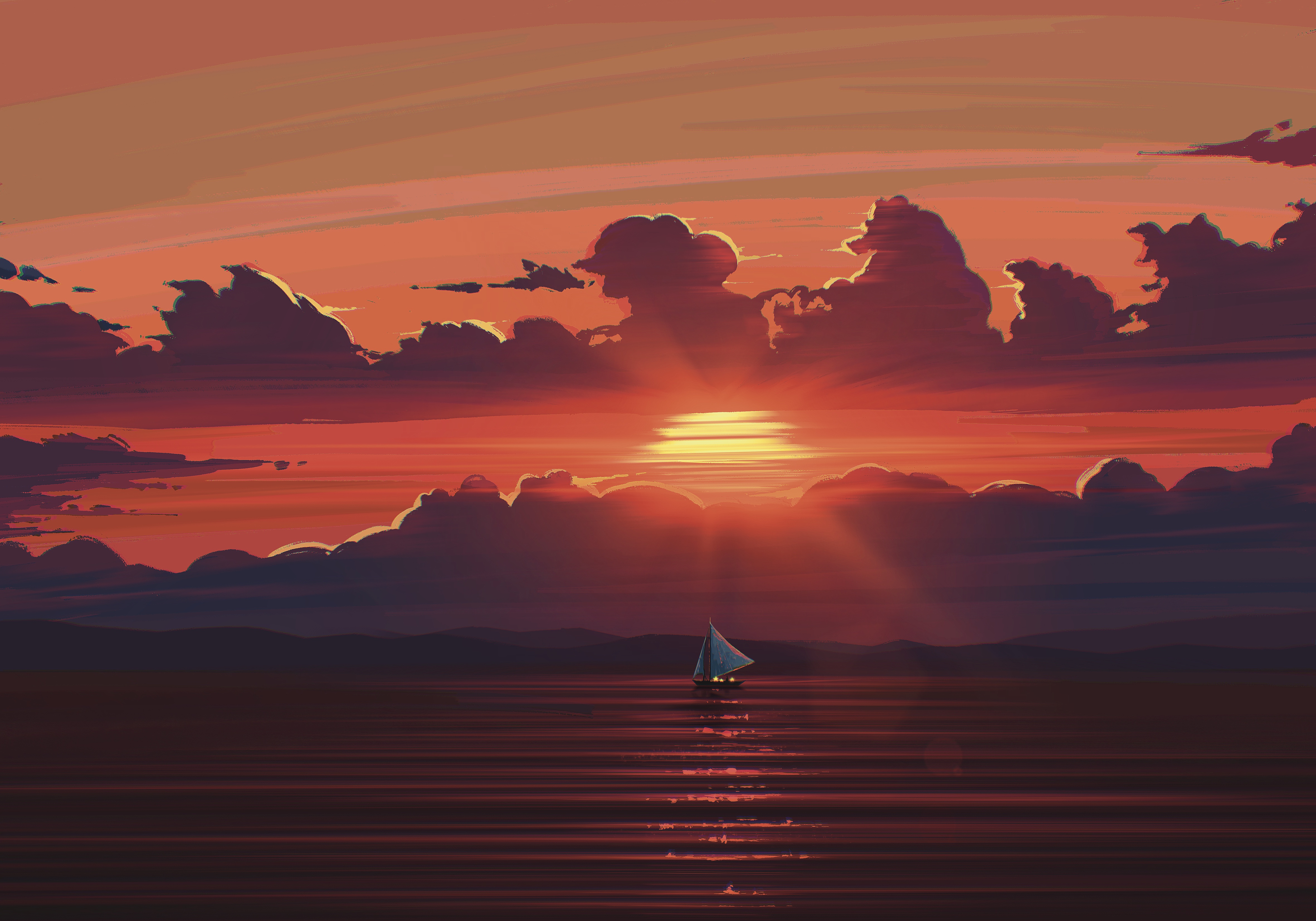 General 4724x3307 digital art artwork illustration painting landscape sunset sea water clouds Sun boat sailing ship mountains sky sunlight sailboats