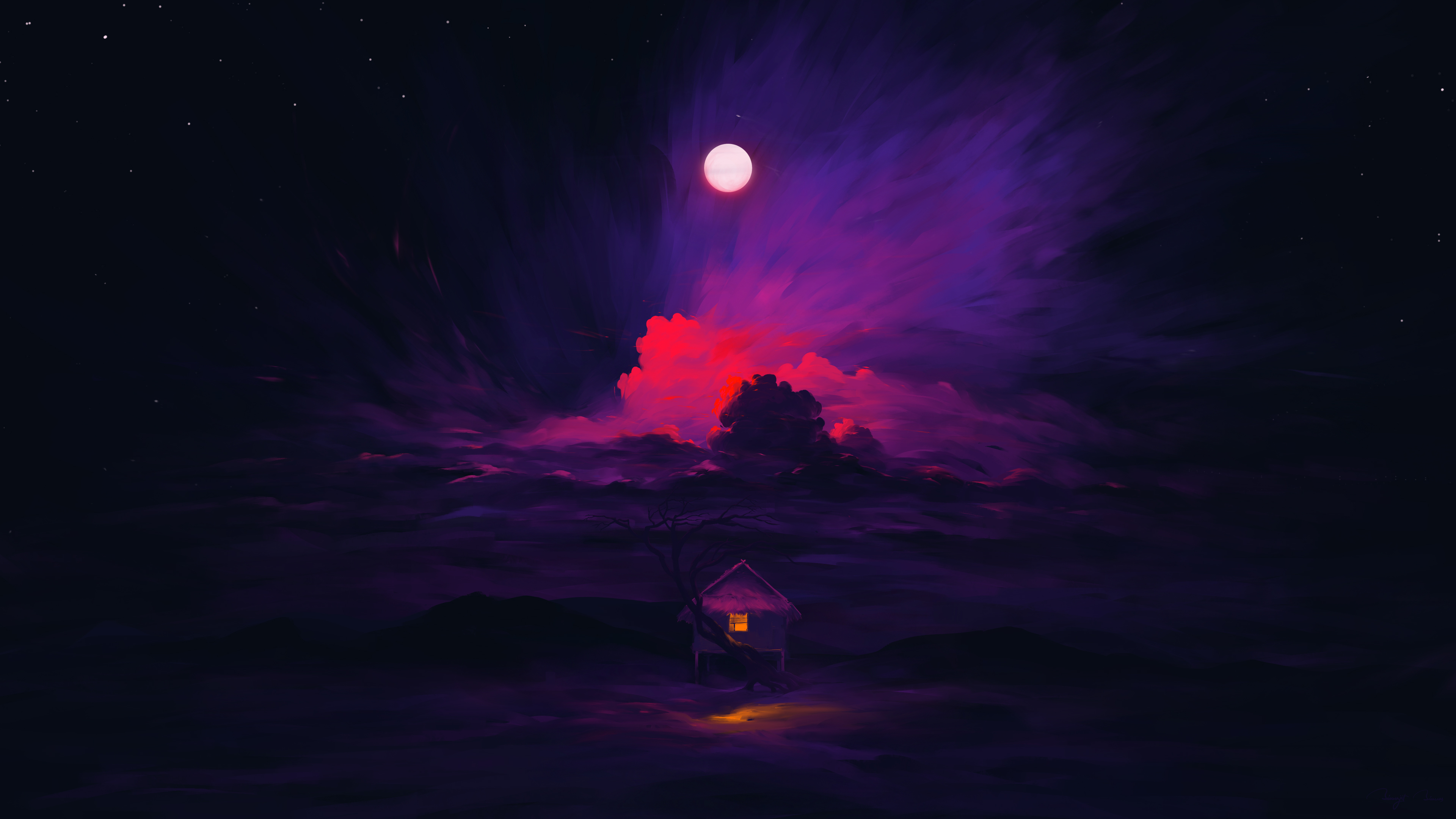 General 3840x2160 BisBiswas digital art artwork illustration landscape clouds night nightscape Moon house stars 4K signature