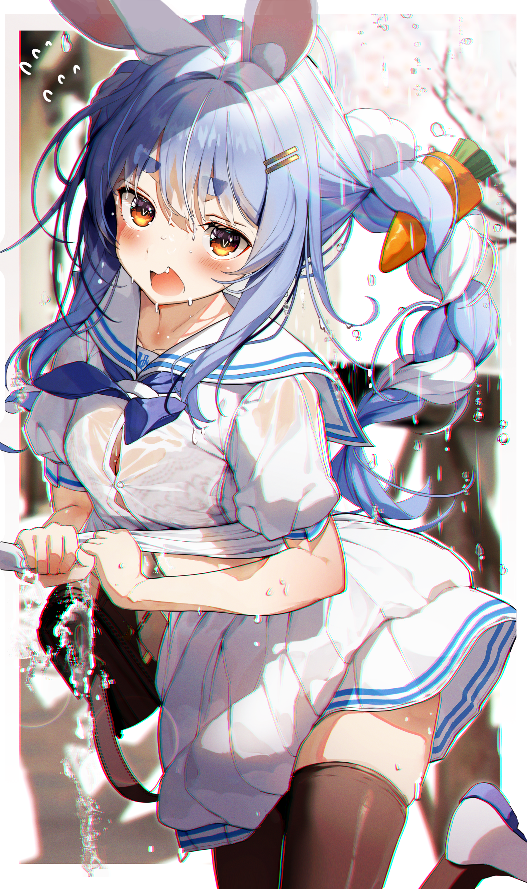 Anime 1800x3035 Usada Pekora Hololive blushing Pixiv anime anime girls wet bunny ears skirt two tone hair portrait display thighs looking at viewer twintails black thigh highs wet body wet clothing sailor uniform short sleeves long hair hair between eyes carrots thick eyebrows bunny girl hair clip dripping neckerchief water drops Haruhina Purple