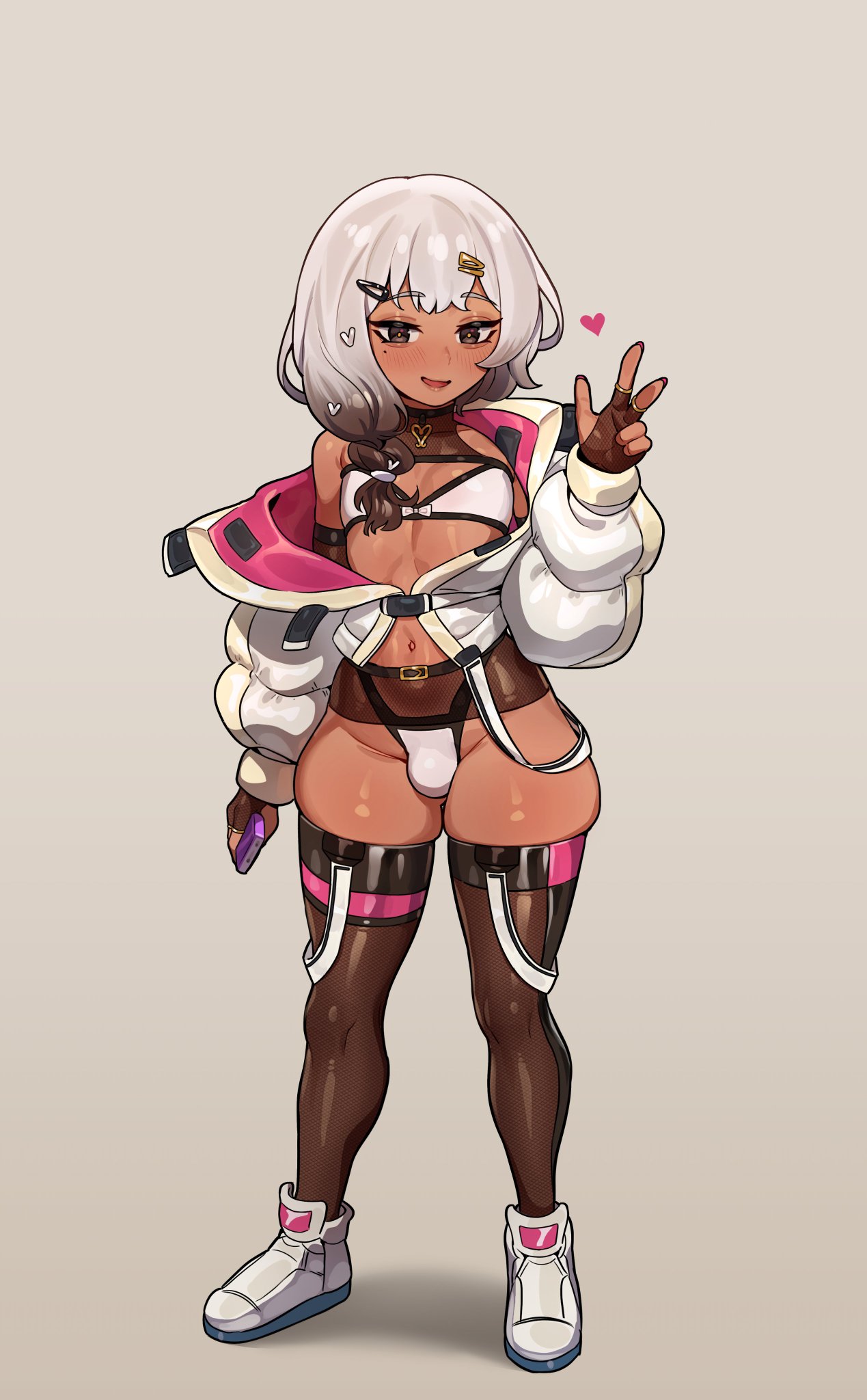 Anime 1269x2048 thigh high socks bulge portrait display thighs looking at viewer standing moles mole under eye femboy peace sign anime boys minimalism stockings dark skin gradient hair two tone hair smiling blushing simple background coats skimpy clothes