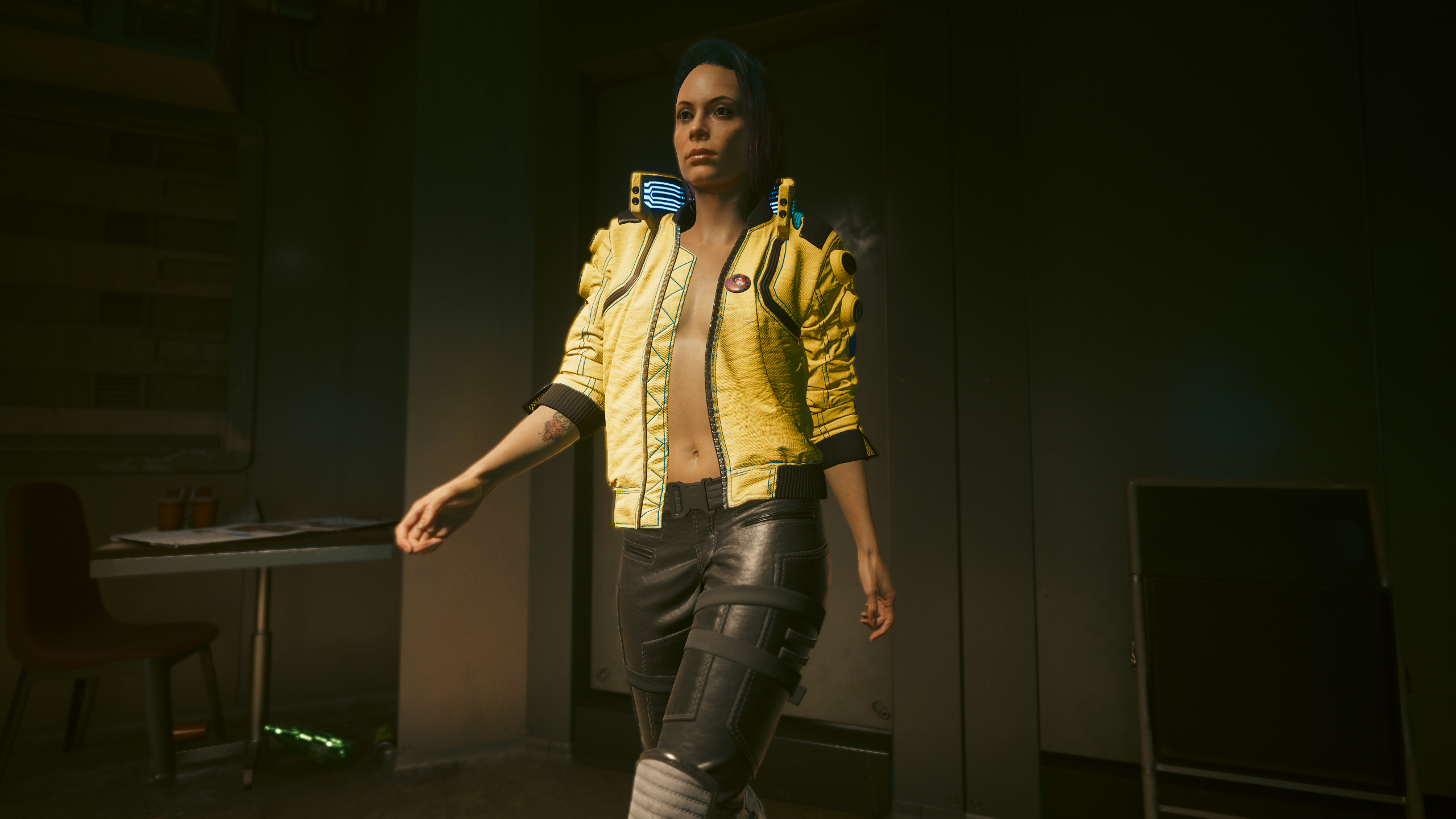 General 2560x1440 Cyberpunk 2077 V video game characters CGI video game art screen shot video game girls table indoors women indoors jacket open jacket open clothes belly button standing chair no bra closed mouth video games