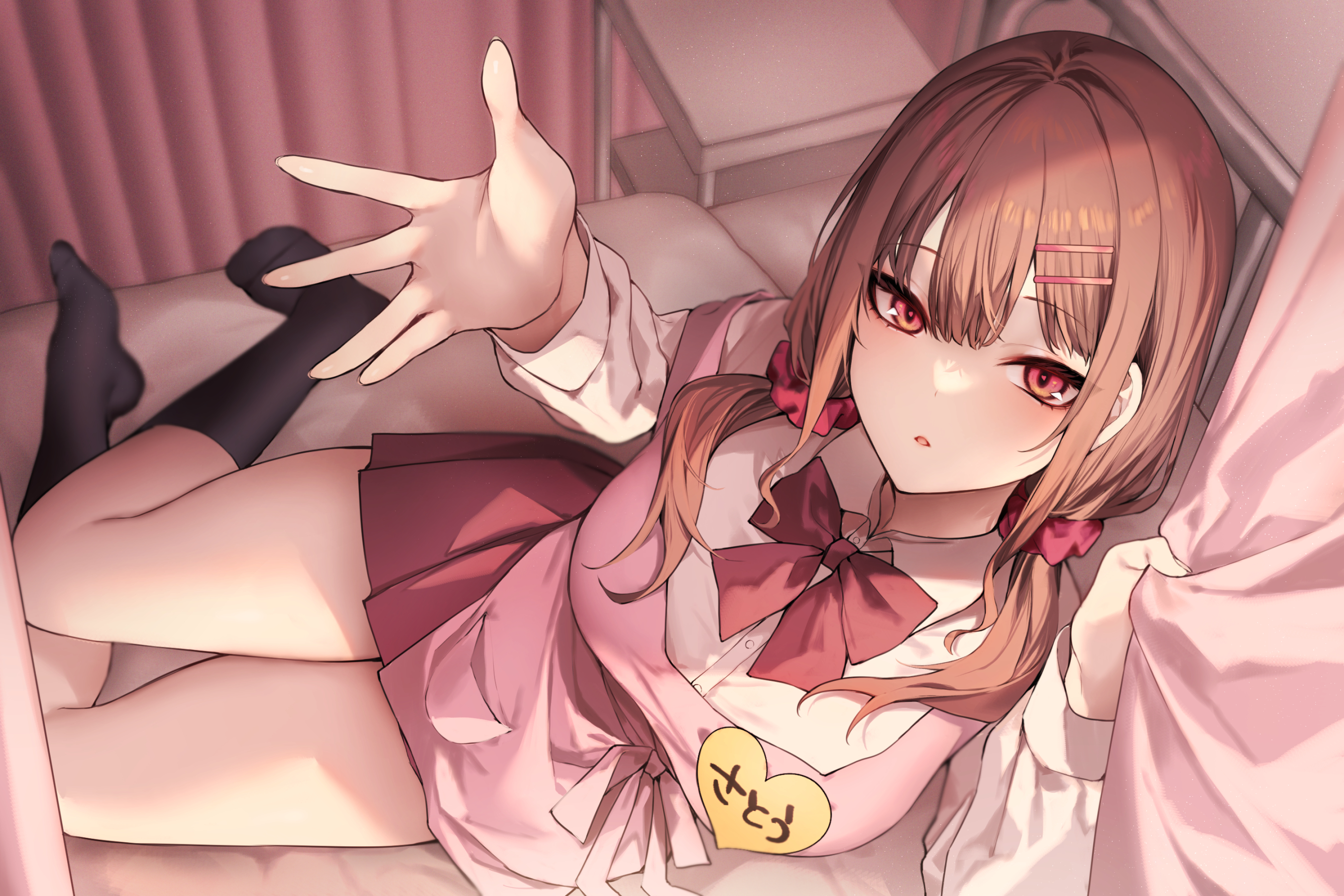 Anime 2700x1800 legs socks bed arms reaching long hair blushing looking at viewer indoors women indoors anime girls bow tie black socks  mid calf socks brunette heart eyes in bed bent legs twintails curtains