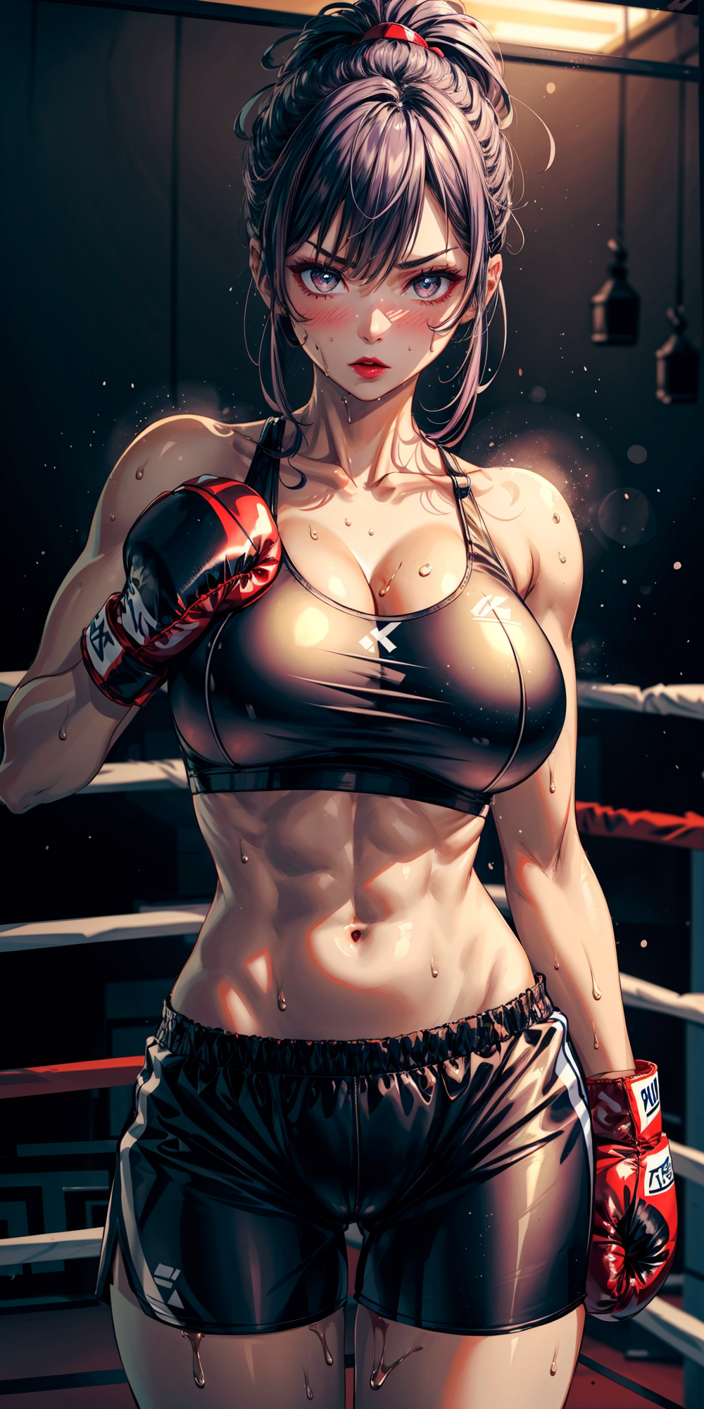 Anime 1000x2000 anime Stable Diffusion digital art big boobs nipples sport boxing AI art purple hair portrait display anime girls boxing gloves looking at viewer cleavage sweat sweaty body boxing ring shorts belly belly button abs blushing sports bra