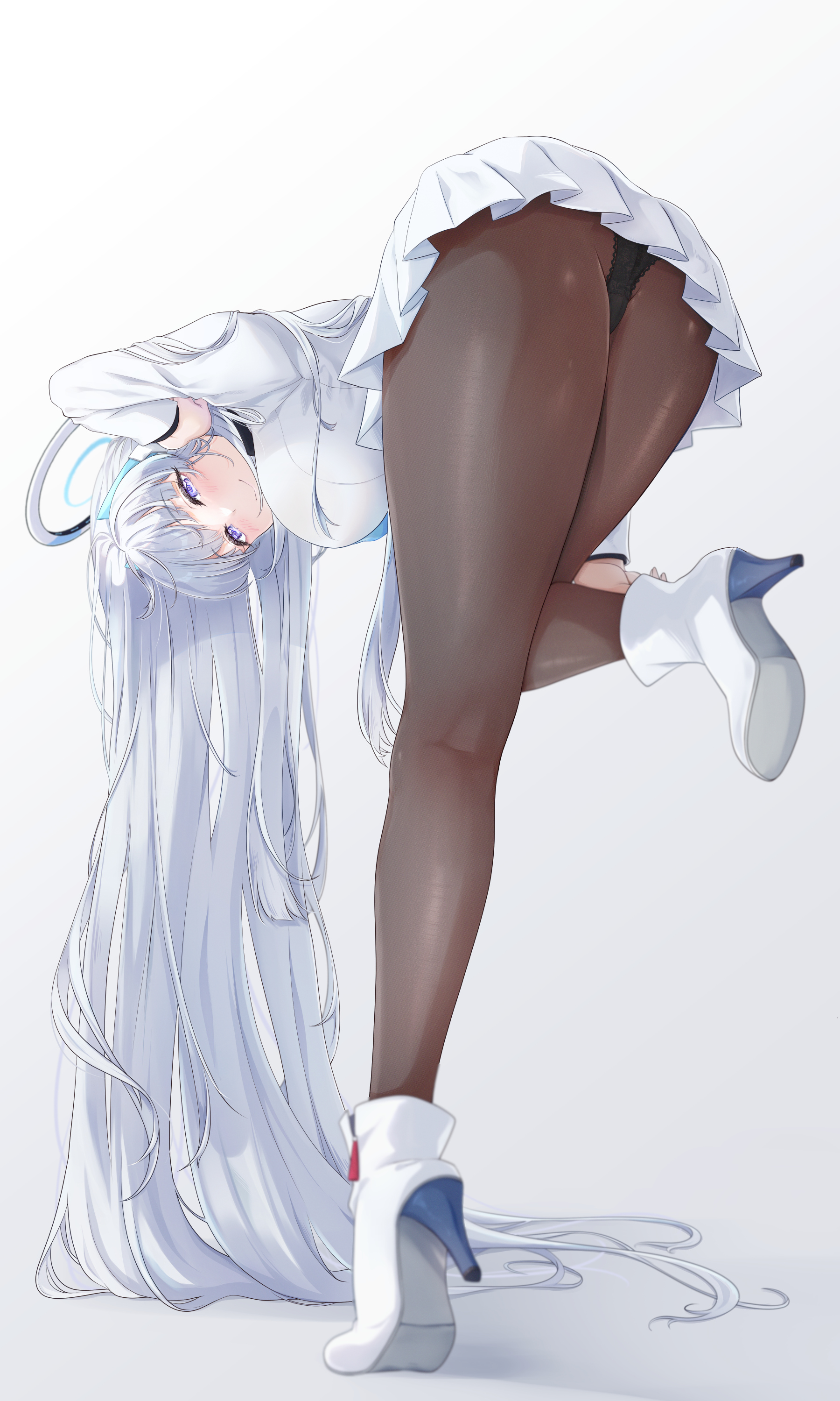 Anime 1800x3000 Blue Archive pantyhose Ushio Noa thighs white background panties simple background skirt white skirt looking back big boobs black panties black pantyhose ass black underwear smiling looking at viewer shoes white hair pantsu shot closed mouth long hair Yoru0409 white boots standing on one leg legs long sleeves purple eyes tiptoe arm(s) behind head high heels anime girls portrait display