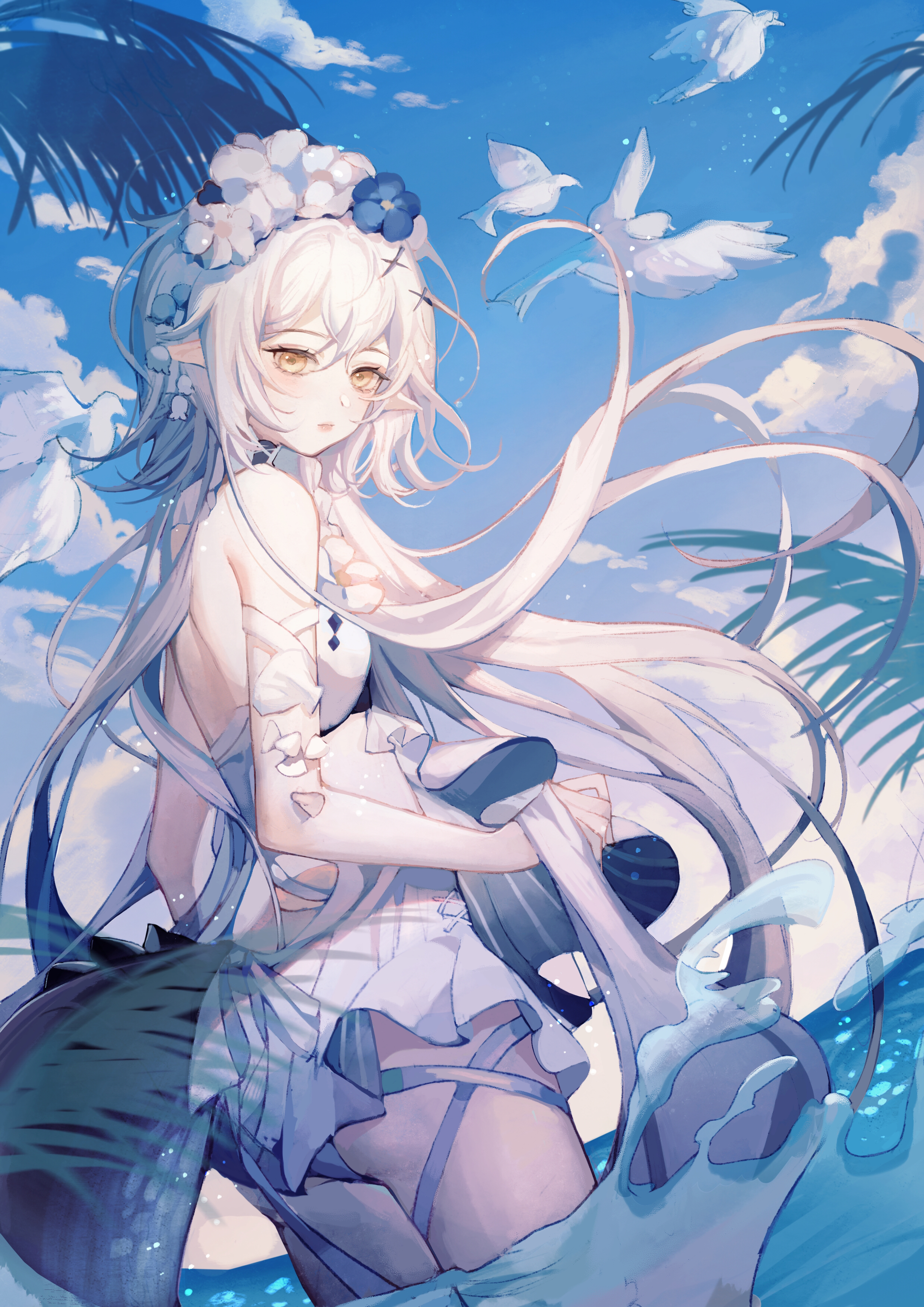Anime 2480x3508 anime anime girls Pixiv portrait display Tomimi (Arknights) sky Arknights clouds pointy ears yellow eyes white hair long hair water standing in water birds looking at viewer flower in hair animals swimwear bikini ass flowers