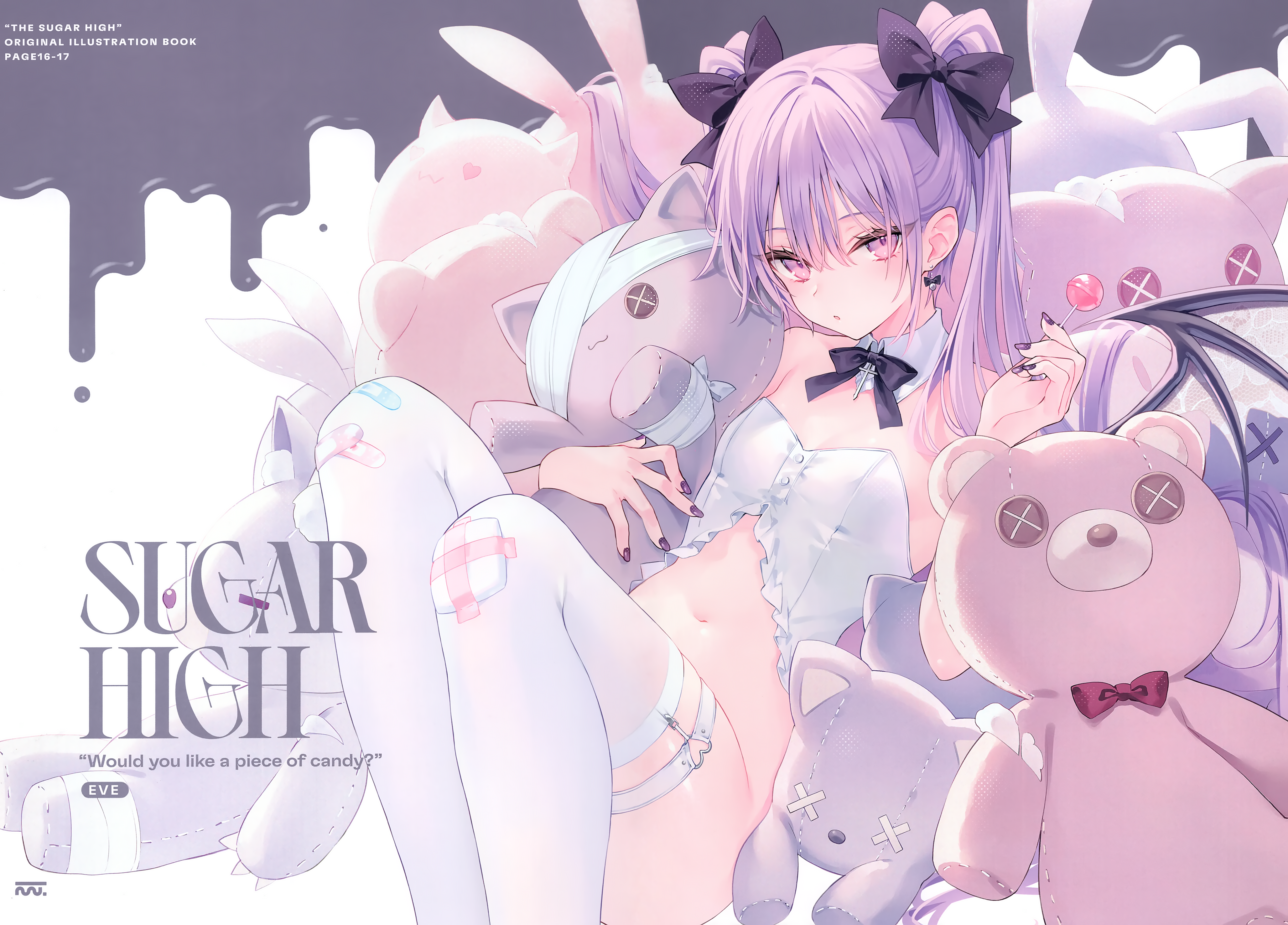 Anime 4112x2953 anime anime girls Rurudo small boobs teddy bears wings twintails purple hair stockings purple eyes bow tie looking at viewer hair bows lollipop strategic covering bandages bottomless long hair