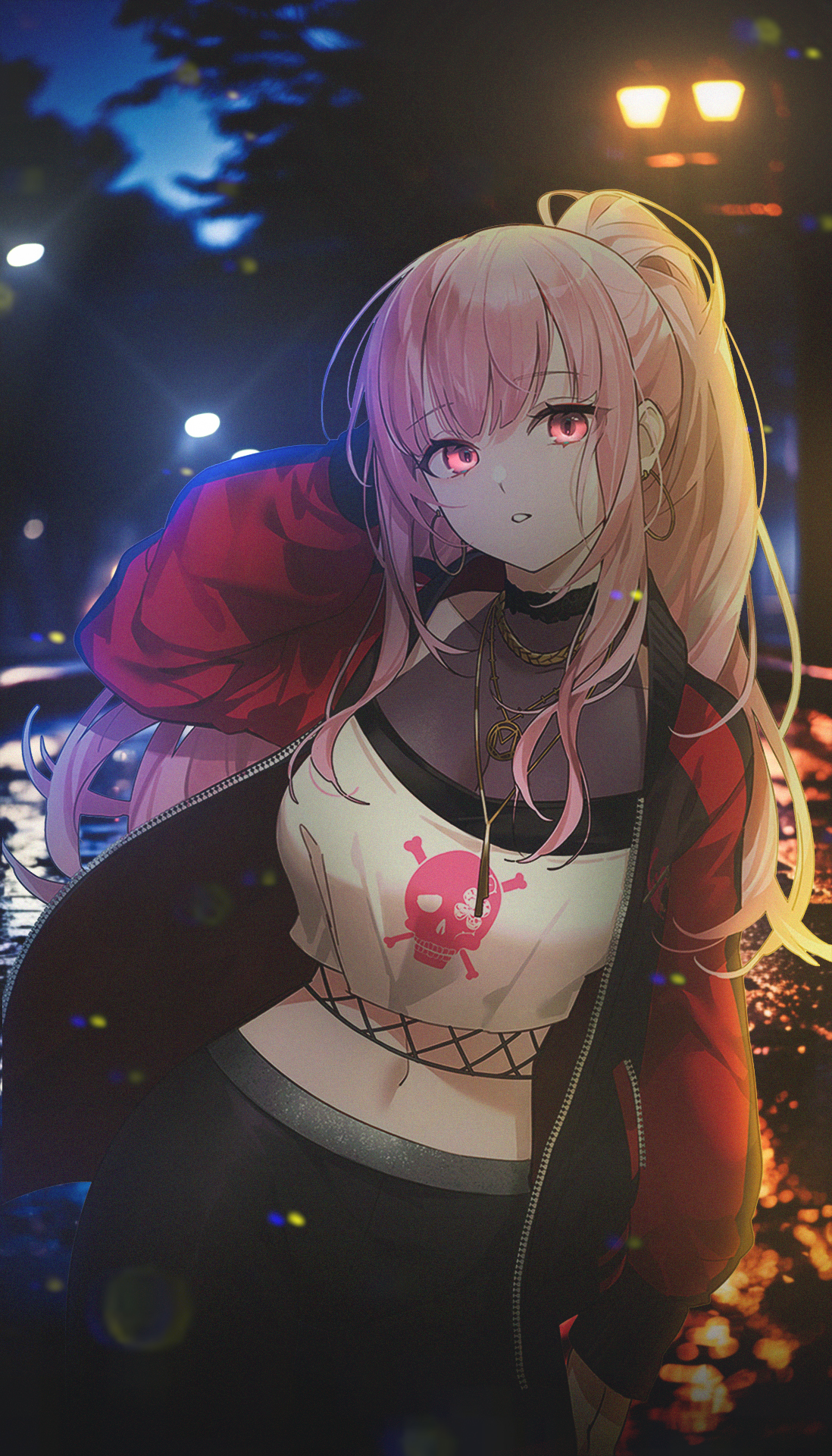 Anime 1098x1920 anime anime girls big boobs street Mori Calliope Hololive Virtual Youtuber ponytail long hair portrait display pink hair pink eyes earring hoop earrings looking at viewer jacket belly belly button necklace Japan lights