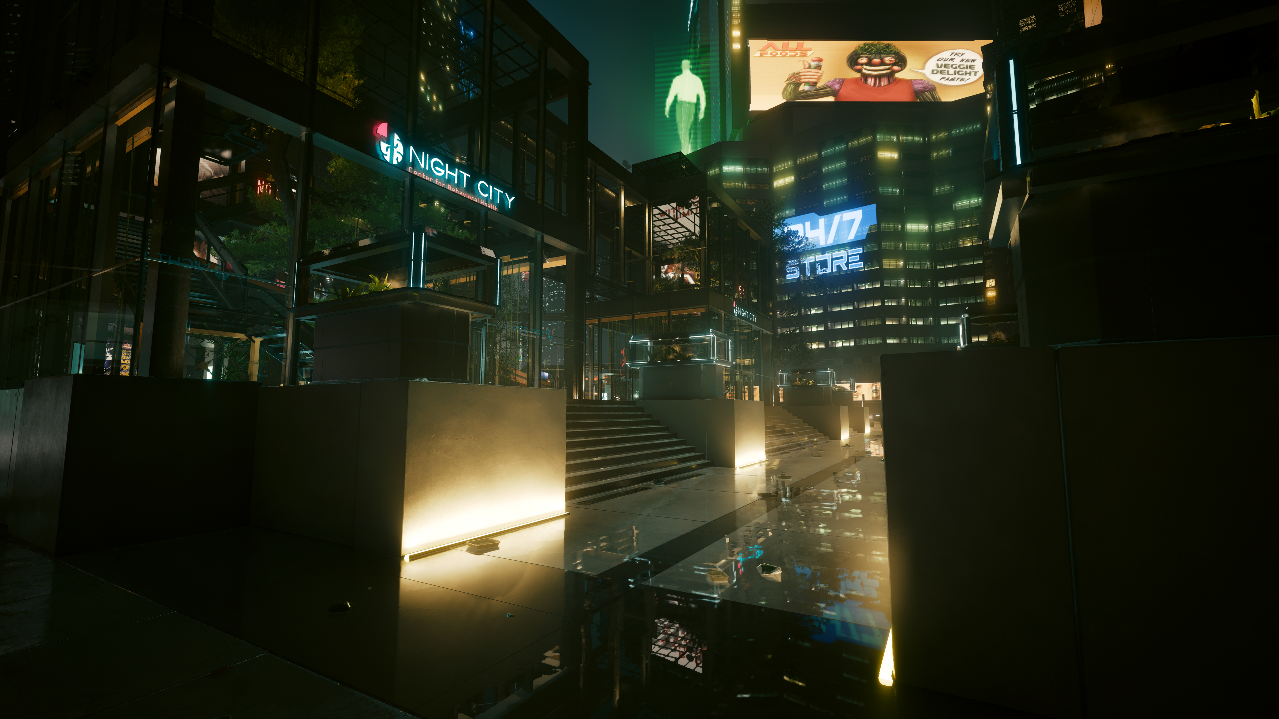 General 2560x1440 video games building video game art city Cyberpunk 2077 CGI night city lights stairs lights reflection