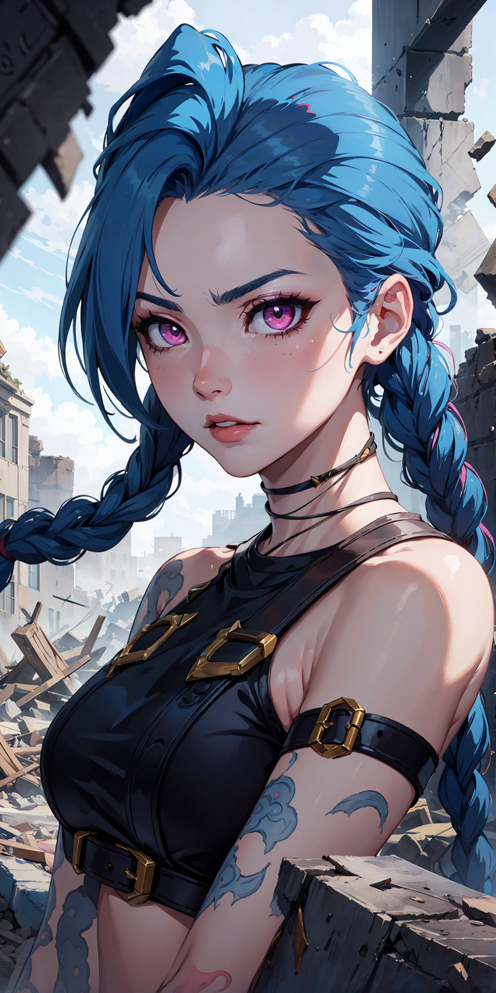 General 1000x2000 League of Legends Jinx (League of Legends) video games portrait AI art Stable Diffusion portrait display digital art looking at viewer braids twintails long hair video game characters blue hair pink eyes