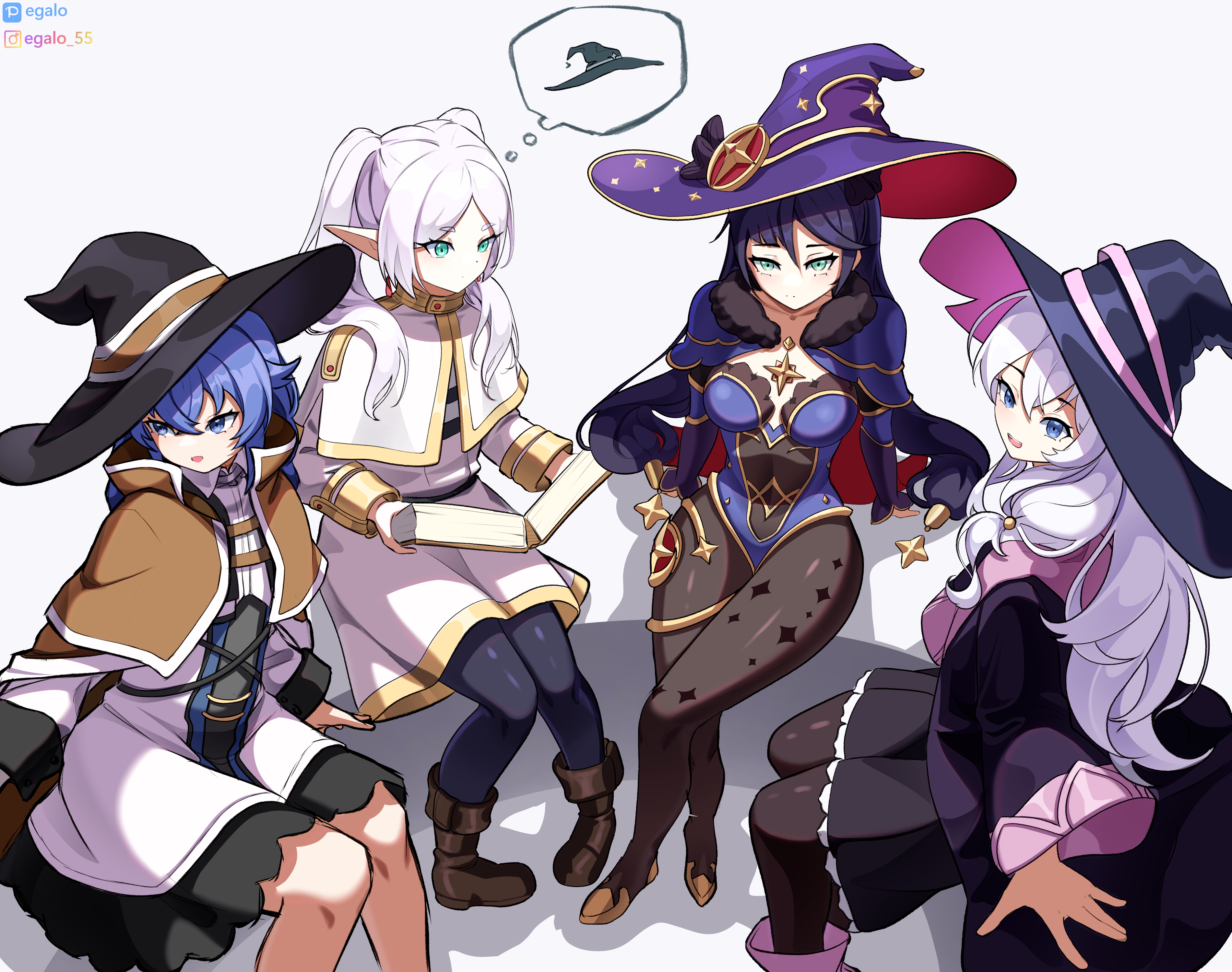 Anime 3800x3000 Mushoku Tensei crossover Sousou No Frieren elves Genshin Impact witch hat Majo no Tabitabi sitting simple background hat Roxy Migurdia (Mushoku Tensei) Frieren Mona (Genshin Impact) Elaina (Majo no Tabitabi) long hair pointy ears group of women capelet women quartet pantyhose white background reading looking at viewer twintails blue eyes speech bubble green eyes watermarked Egalo legs crossed