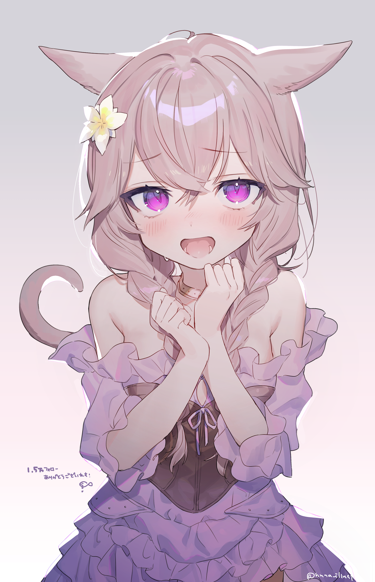 Anime 1240x1925 anime girls women portrait display cat girl cat ears cat tail dress bare shoulders watermarked blushing open mouth purple eyes flower in hair long hair looking at viewer choker cat eyes minimalism simple background frills Japanese
