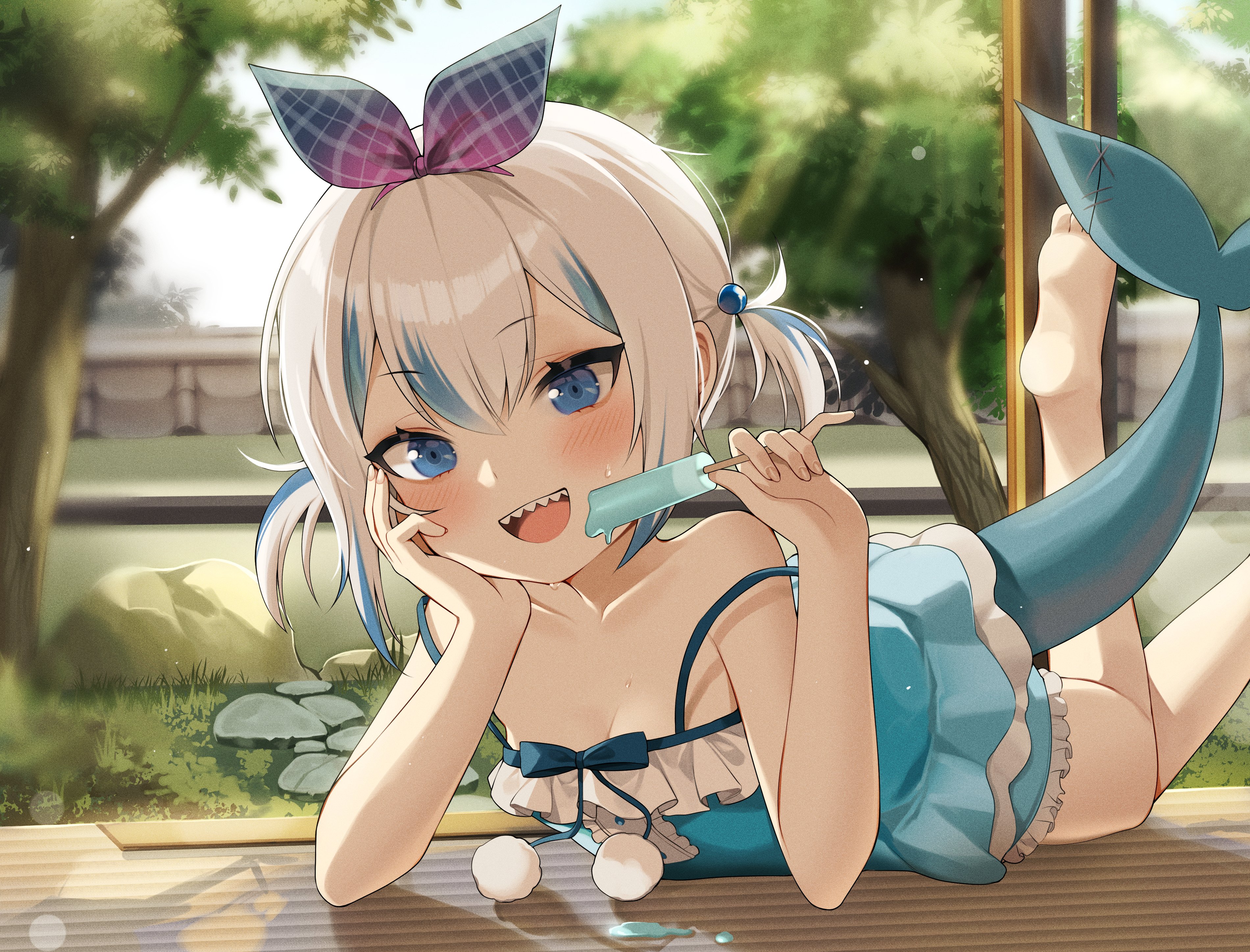 Anime 3800x2895 Virtual Youtuber Gawr Gura cleavage blue eyes Hololive daylight anime girls lying down lying on front blushing two tone hair short hair popsicle feet feet in the air sunlight open mouth looking at viewer pointy teeth loli