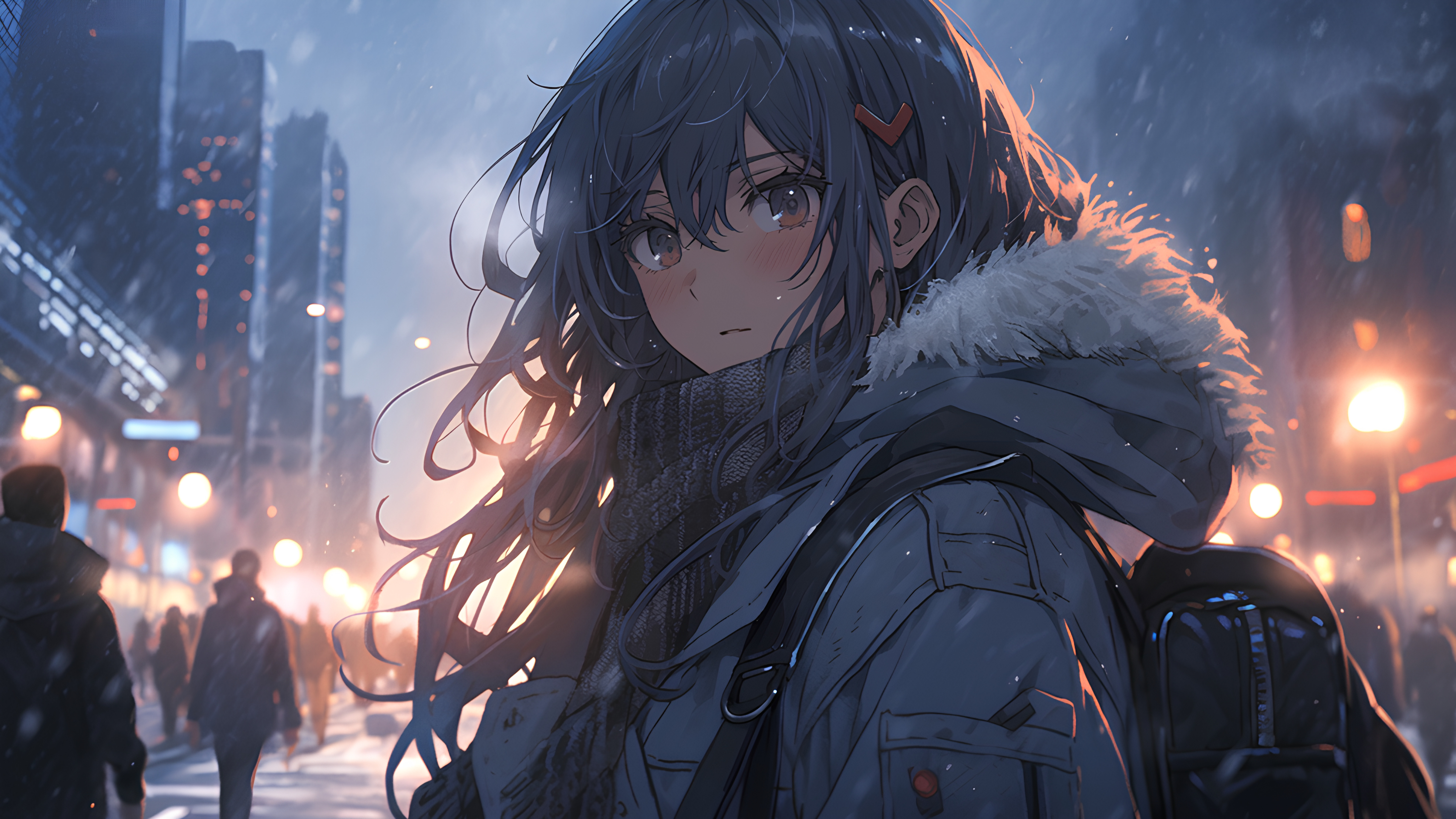 Anime 7680x4320 anime girls drawing looking at viewer digital art backpacks blurred blurry background standing lights city city lights blushing long hair street light closed mouth scarf coats hairpins snow brown eyes