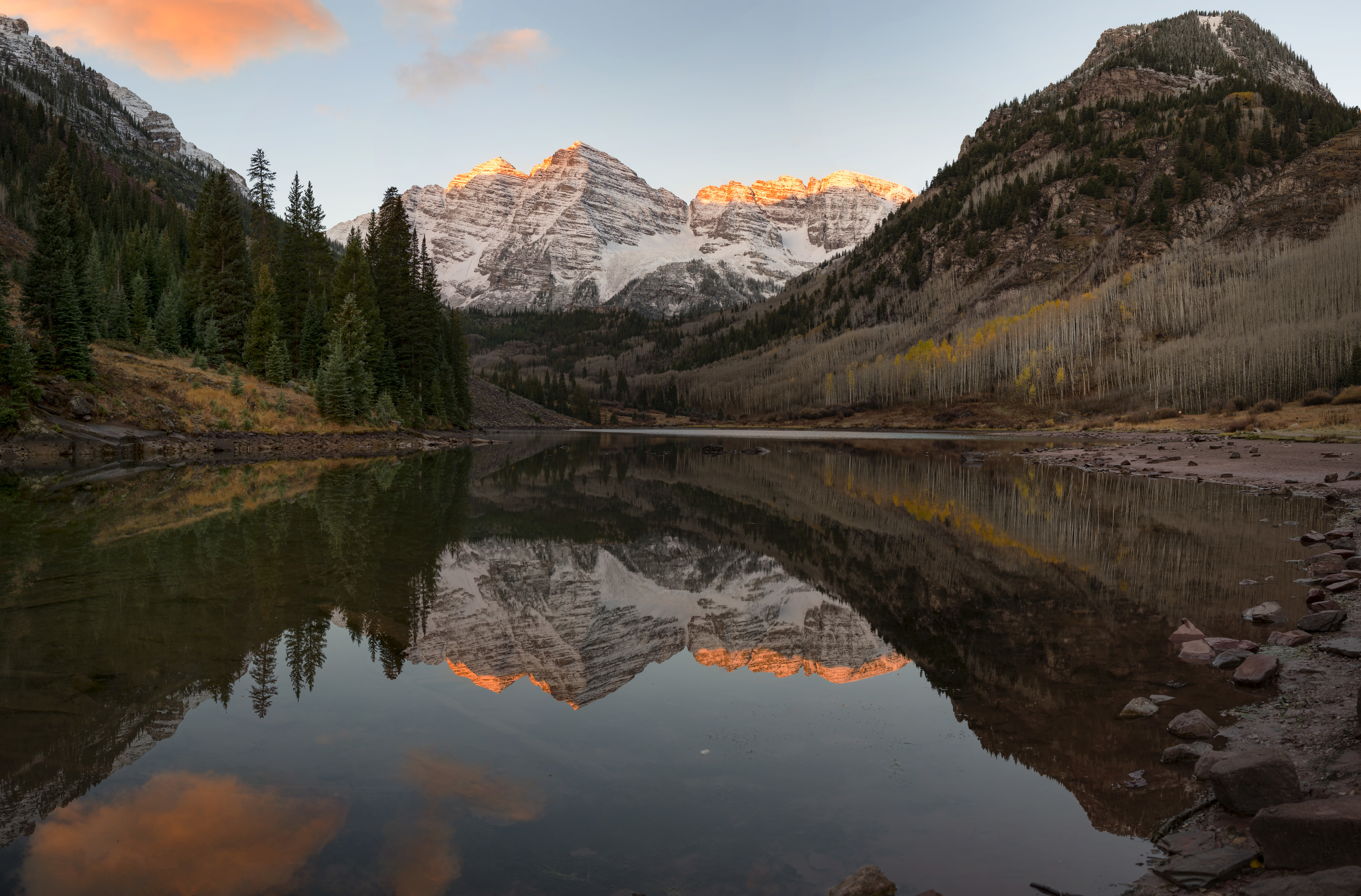 General 6143x4046 Pitkin Colorado landscape nature lake mountains reflection photography Maroon Bells sunrise water sky clouds trees rocks snow