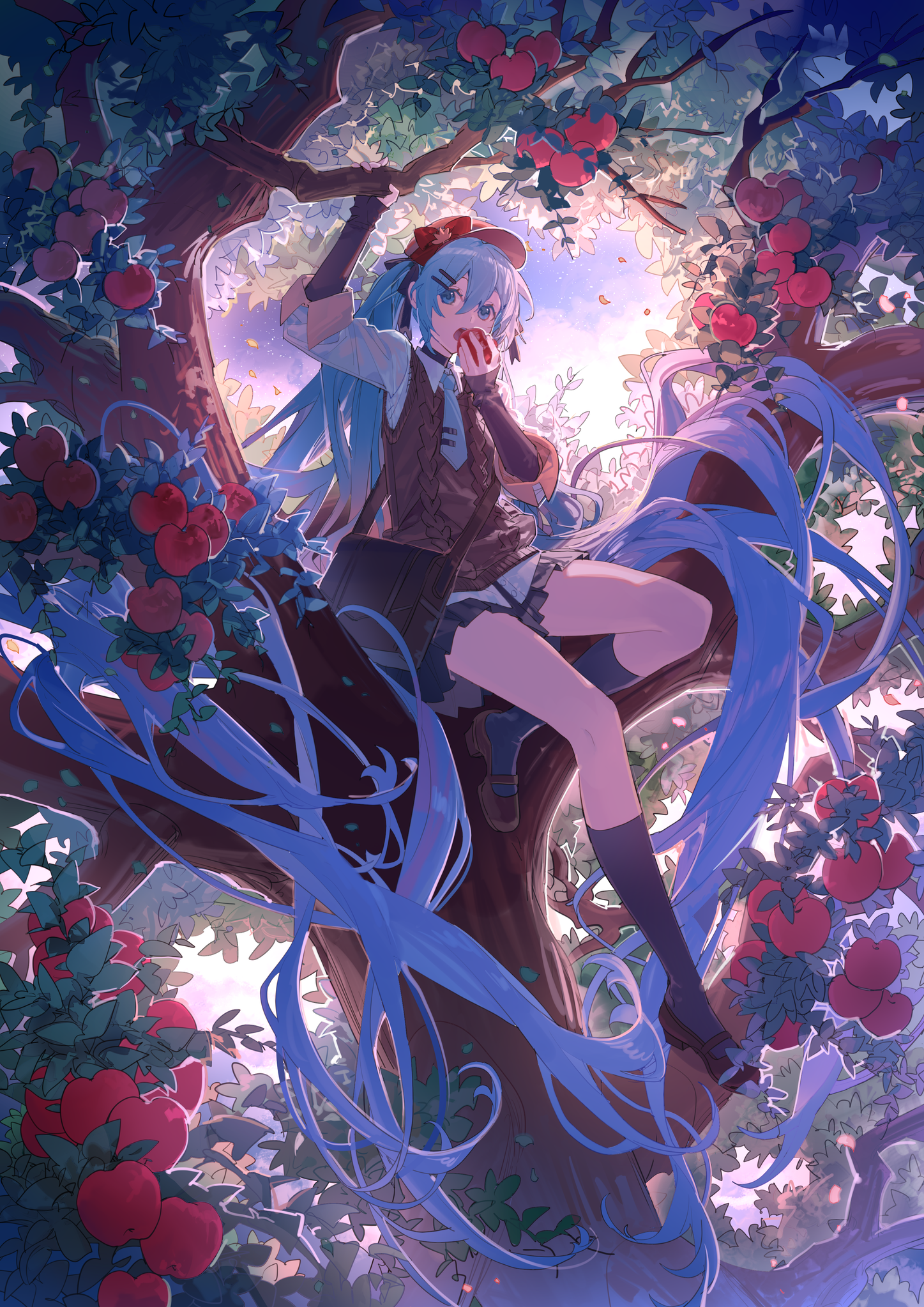 Anime 1447x2046 anime Pixiv anime girls apples Vocaloid Hatsune Miku long hair twintails blue hair blue eyes portrait display fruit sitting clouds sky looking at viewer trees anime girls eating eating leaves Shuno (artist)