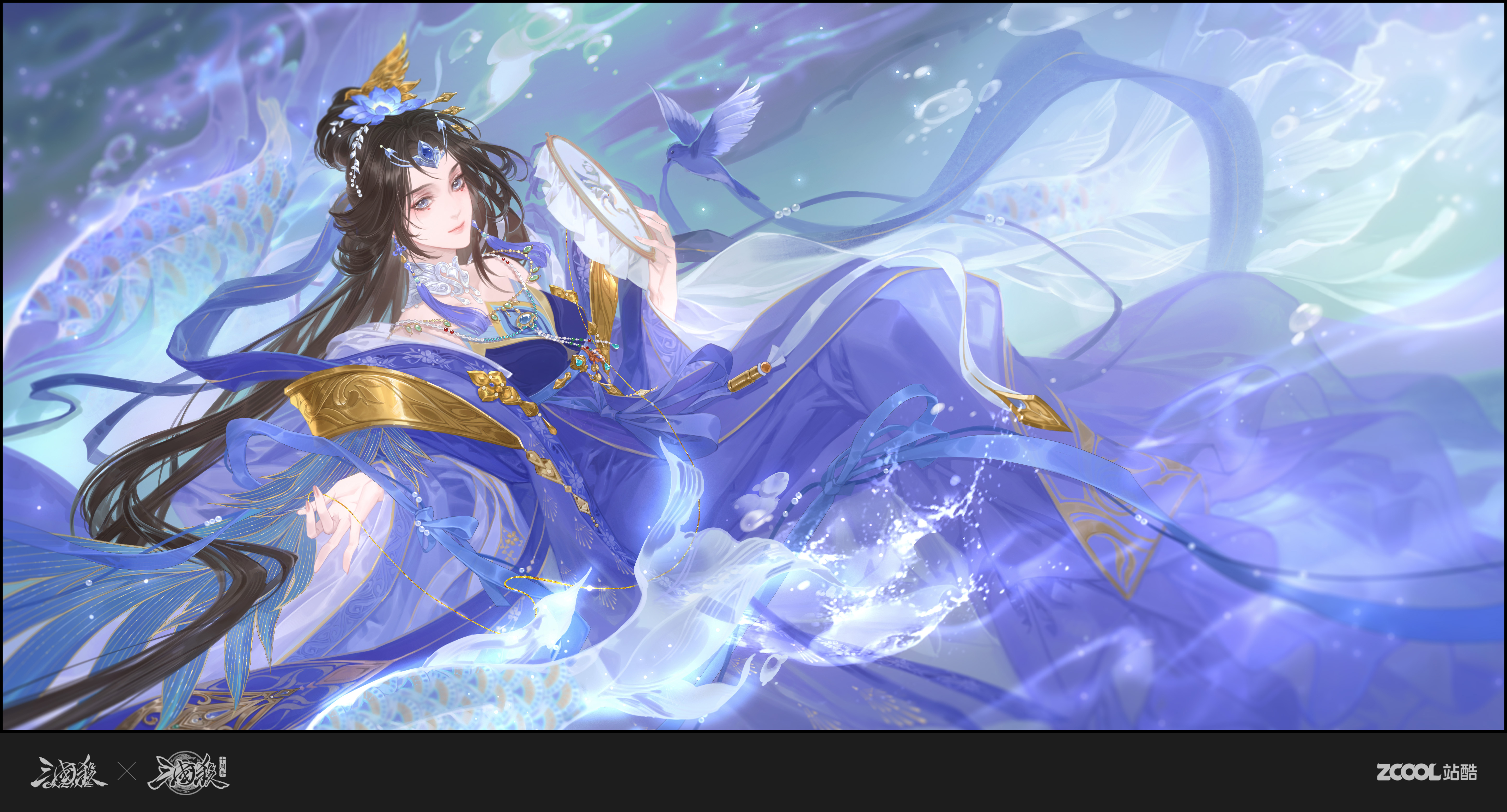 Anime 5780x3119 video game art Asian video game characters fans long hair chinese clothing birds brunette blue eyes smiling looking at viewer video games title water drops