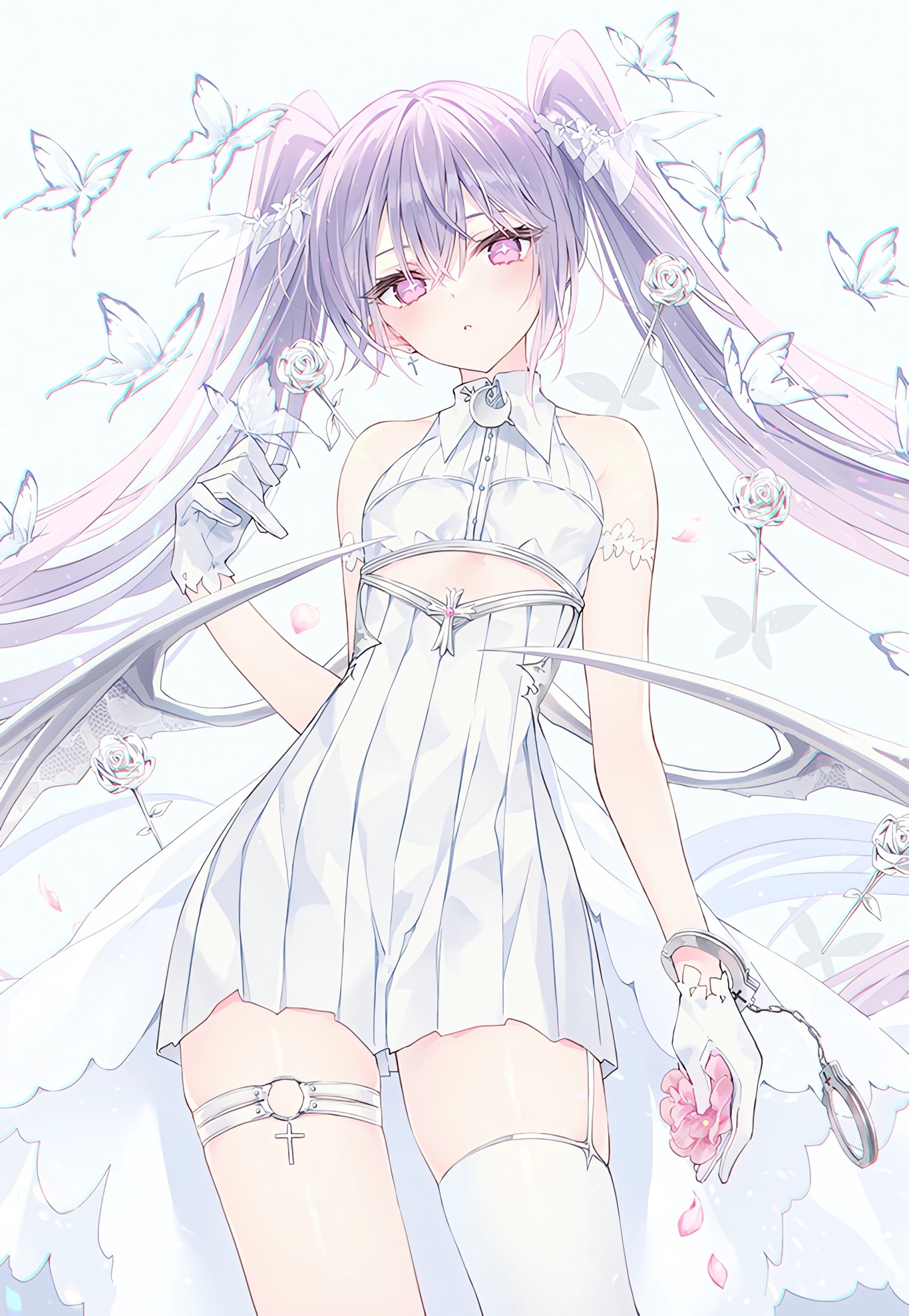 Anime 1366x1978 anime anime girls portrait display twintails leg ring looking at viewer Rurudo bare shoulders dress handcuffs butterfly insect long hair wings stockings flowers blushing earring cross gloves petals purple hair purple eyes