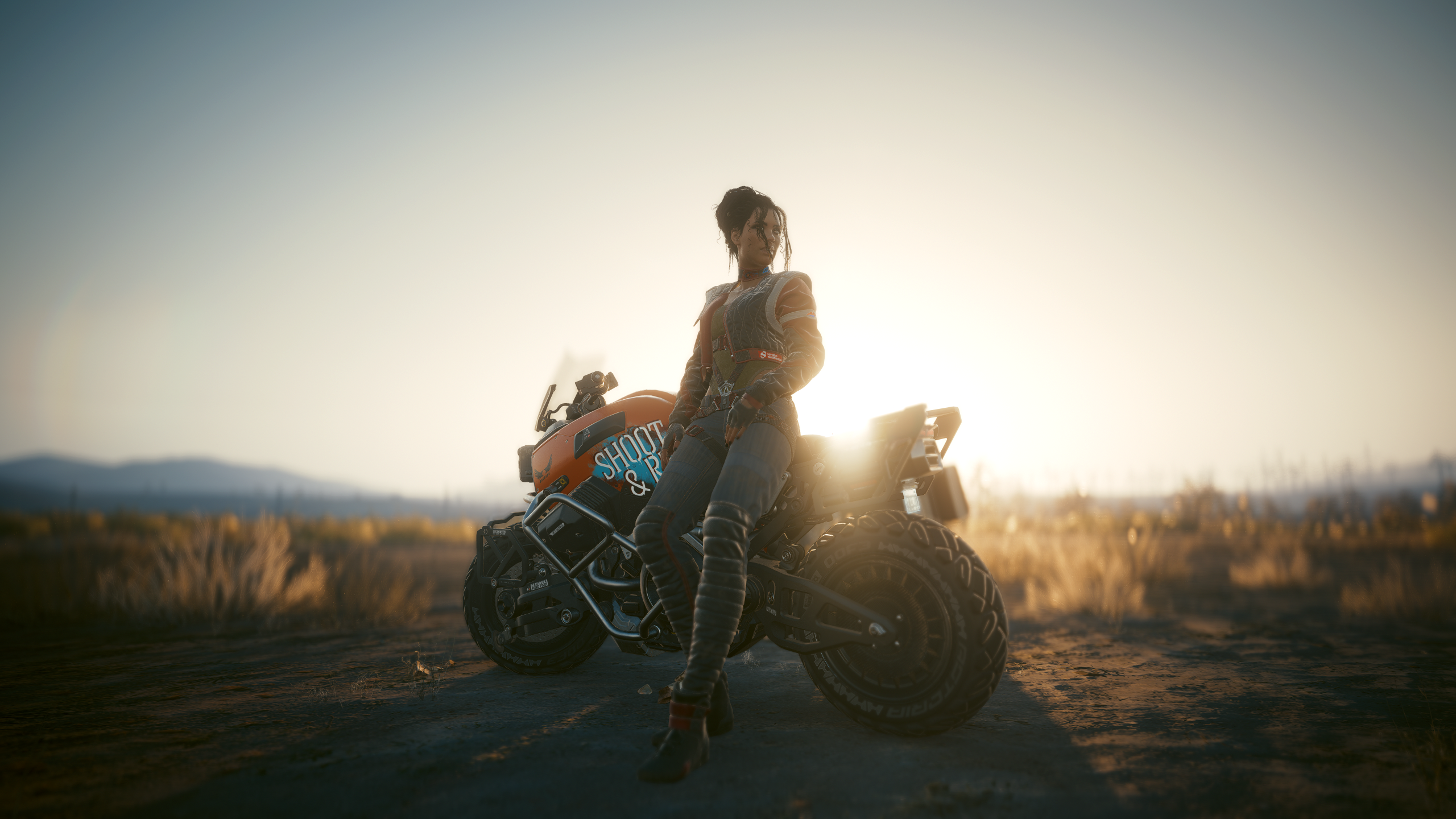 General 2560x1440 Cyberpunk 2077 standing video game characters CGI video game art screen shot video games motorcycle Panam Palmer sunlight blurred blurry background gloves fingerless gloves vehicle