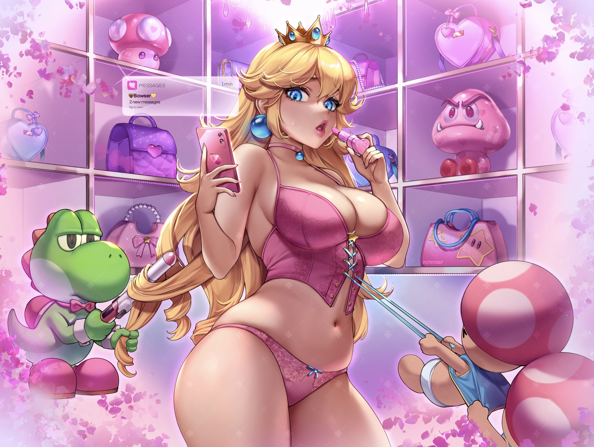 Anime 2048x1544 Super Mario underwear video game girls blonde video game characters bra Princess Peach cleavage pink underwear corset pink lingerie big boobs pink panties potetos7 women indoors phone Yoshi Toad (character) Goomba blue eyes panties watermarked Nintendo open mouth pulling clothing purse pink lipstick smartphone crown petals curvy